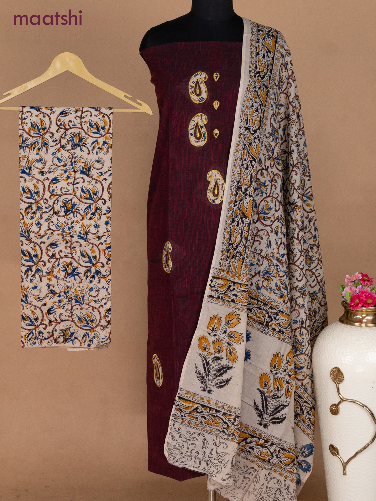 Cotton applique work dress materials dual shade of maroon and beige with kalamkari patch work and kalamkari bottom & dupatta