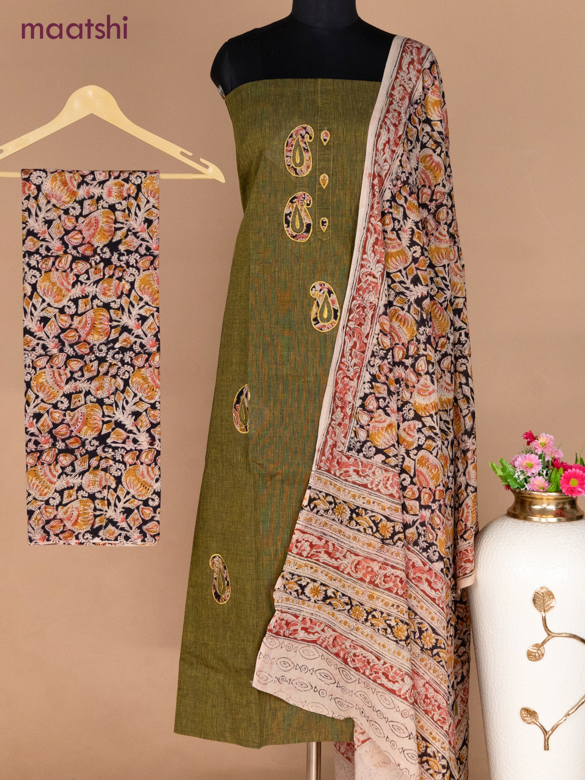 Cotton applique work dress materials mehendi green and black beige with kalamkari patch work and kalamkari bottom & dupatta