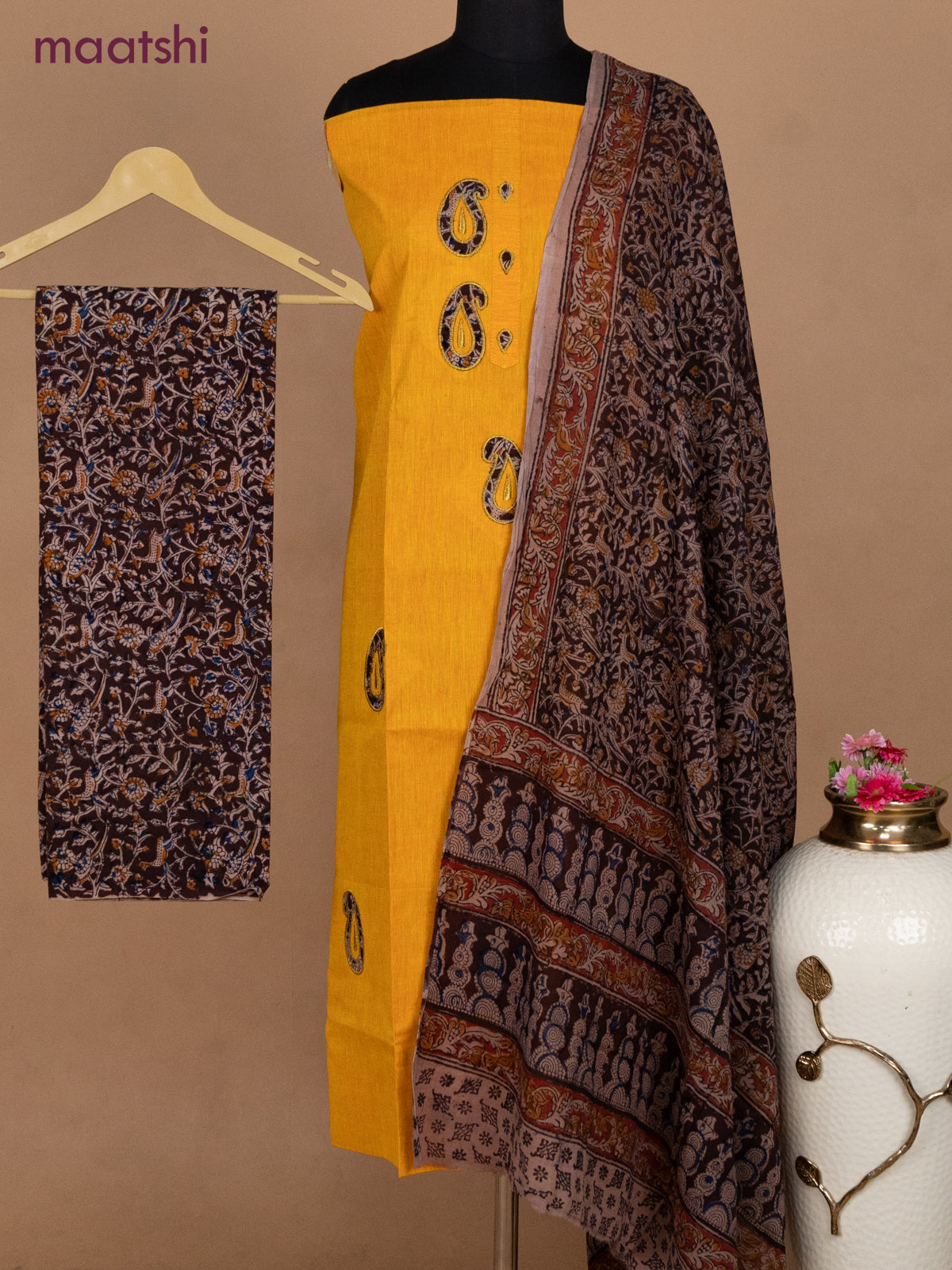 Cotton applique work dress materials mango yellow and deep maroon with kalamkari patch work and kalamkari bottom & dupatta