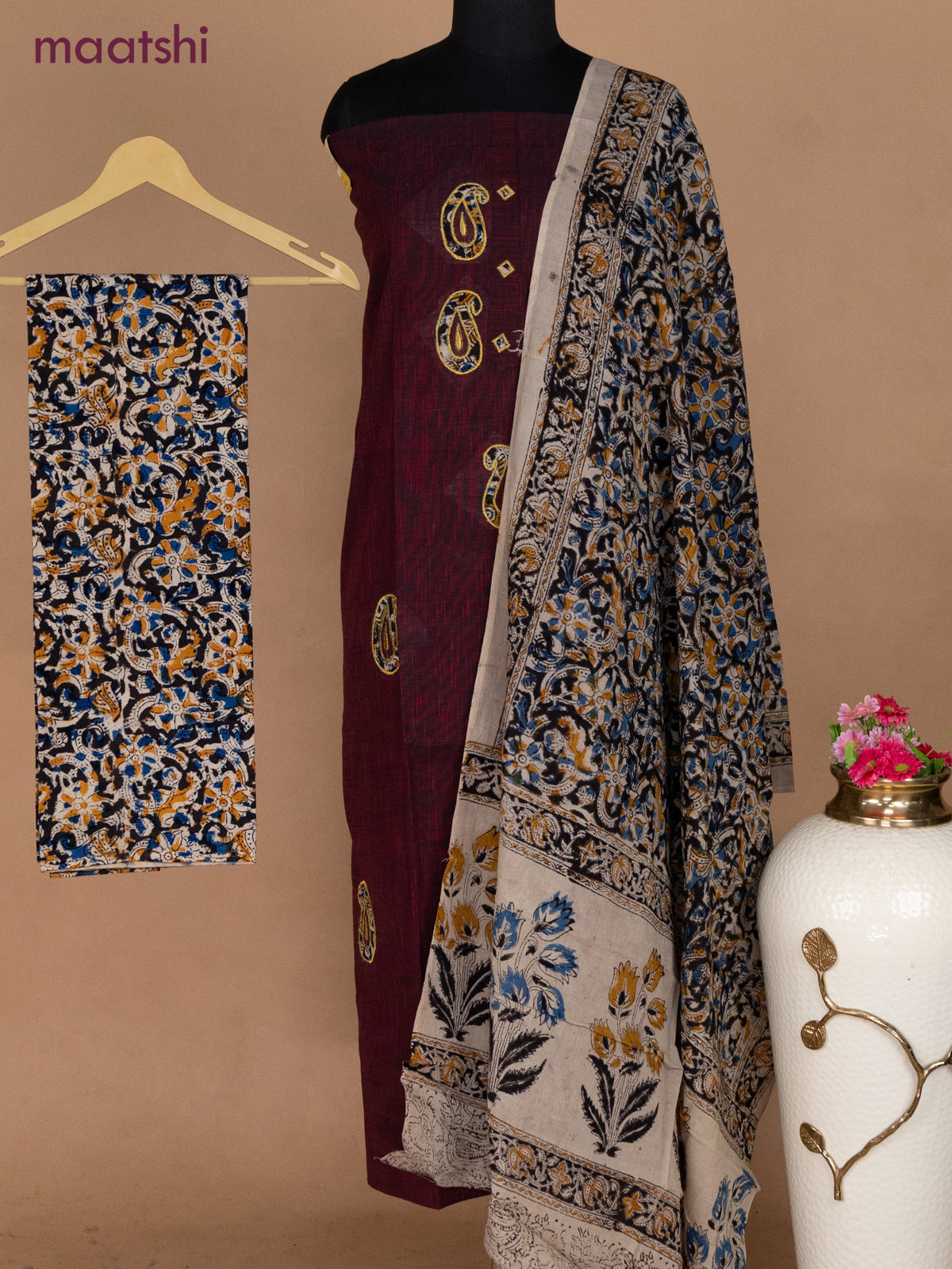 Cotton applique work dress materials dual shade of maroon and black beige with kalamkari patch work and kalamkari bottom & dupatta