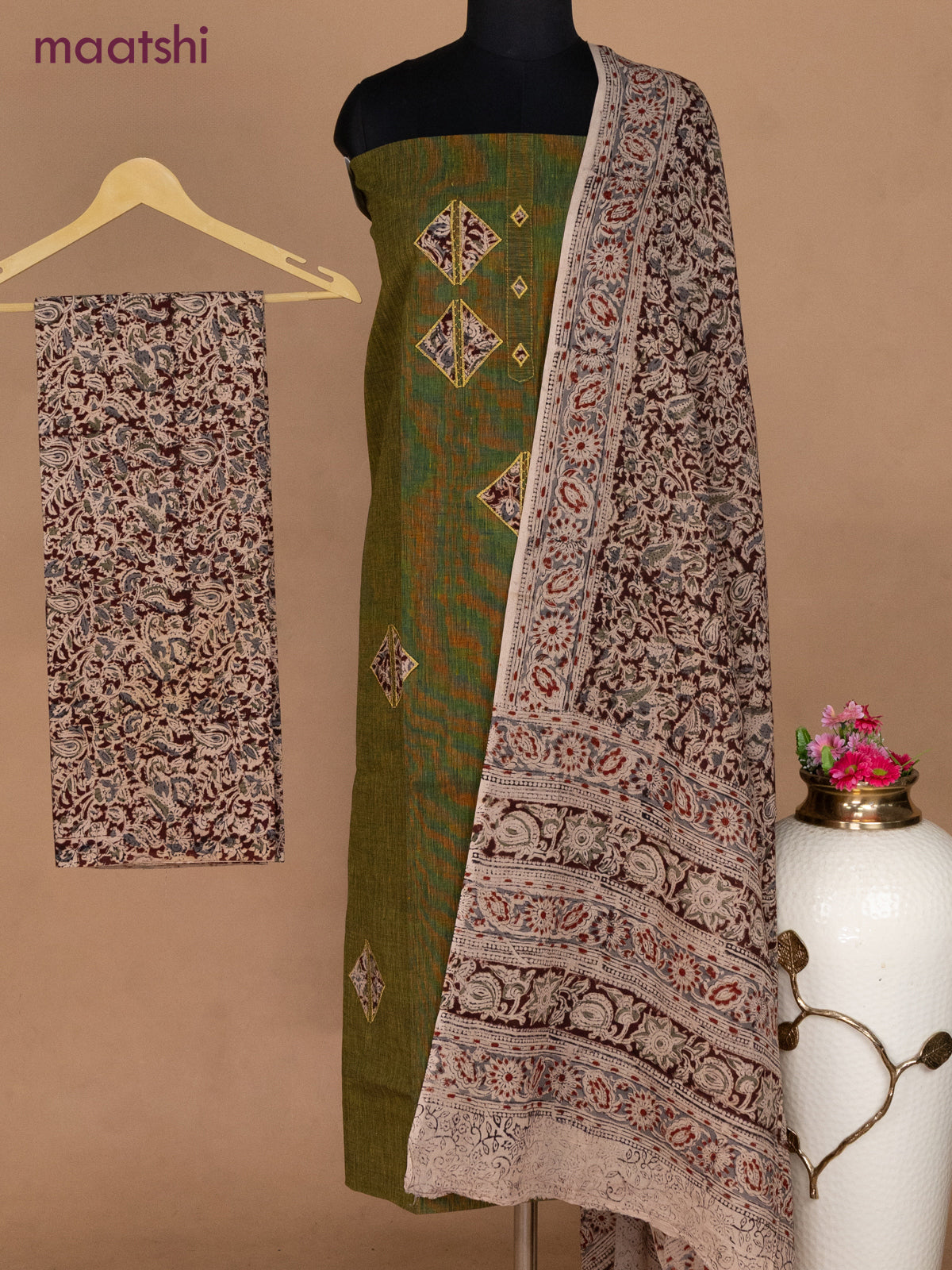 Cotton applique work dress materials mehendi green and deep maroon beige with kalamkari patch work and kalamkari bottom & dupatta