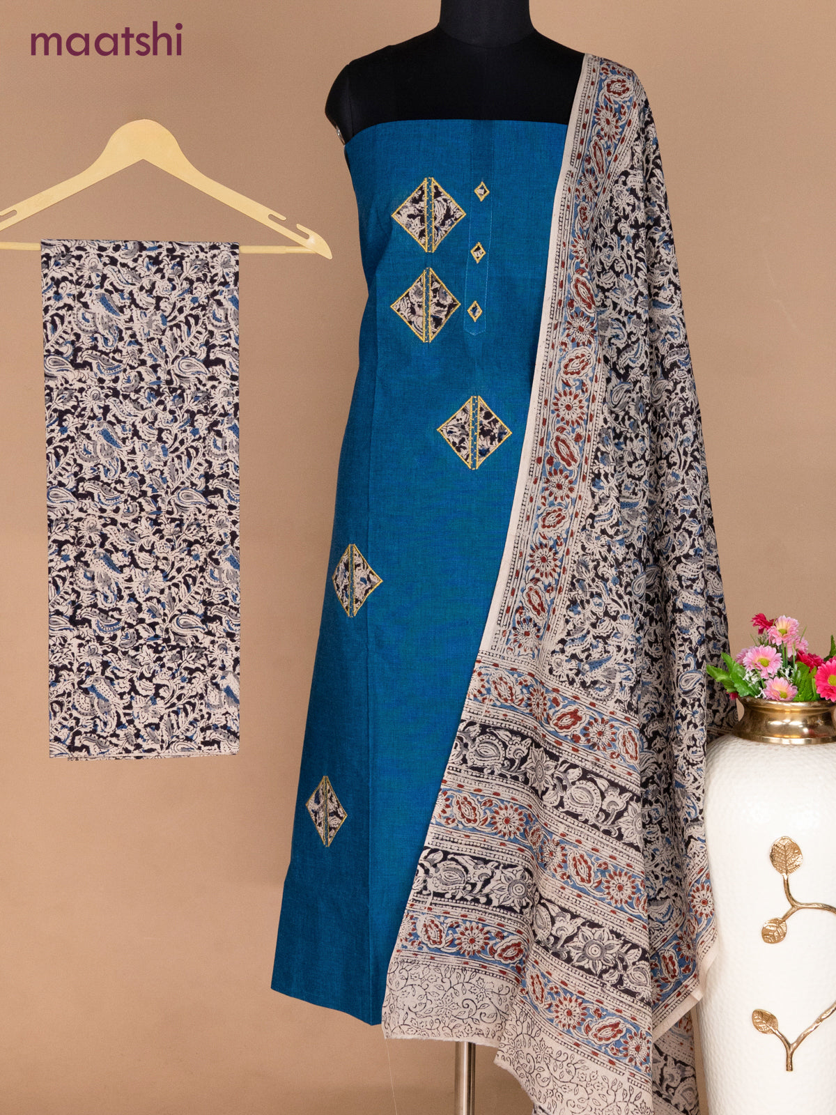 Cotton applique work dress materials peacock blue and beige black with kalamkari patch work and kalamkari bottom & dupatta