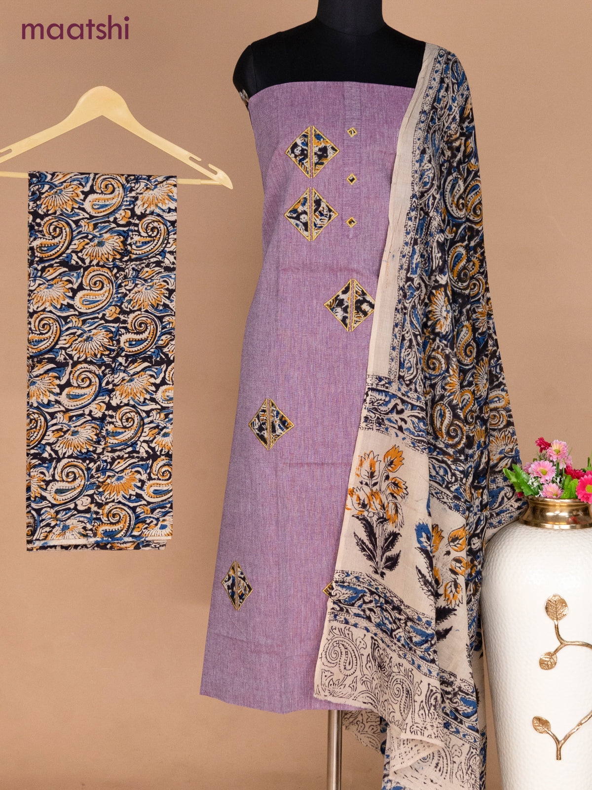 Cotton applique work dress materials pastel purple shade and black beige with kalamkari patch work and kalamkari bottom & dupatta