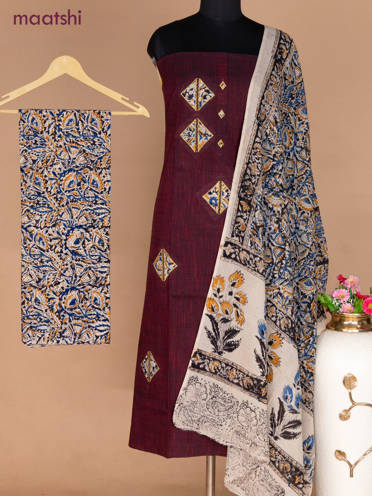 Cotton applique work dress materials dual shade of maroon and black beige with kalamkari patch work and kalamkari bottom & dupatta