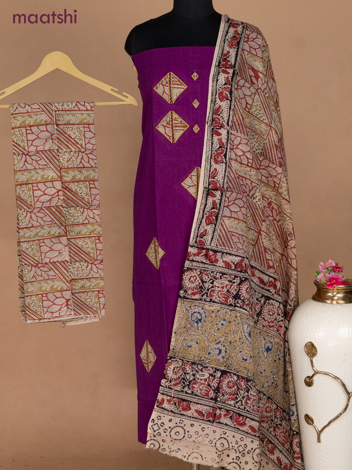 Cotton applique work dress materials purple and beige with kalamkari patch work and kalamkari bottom & dupatta