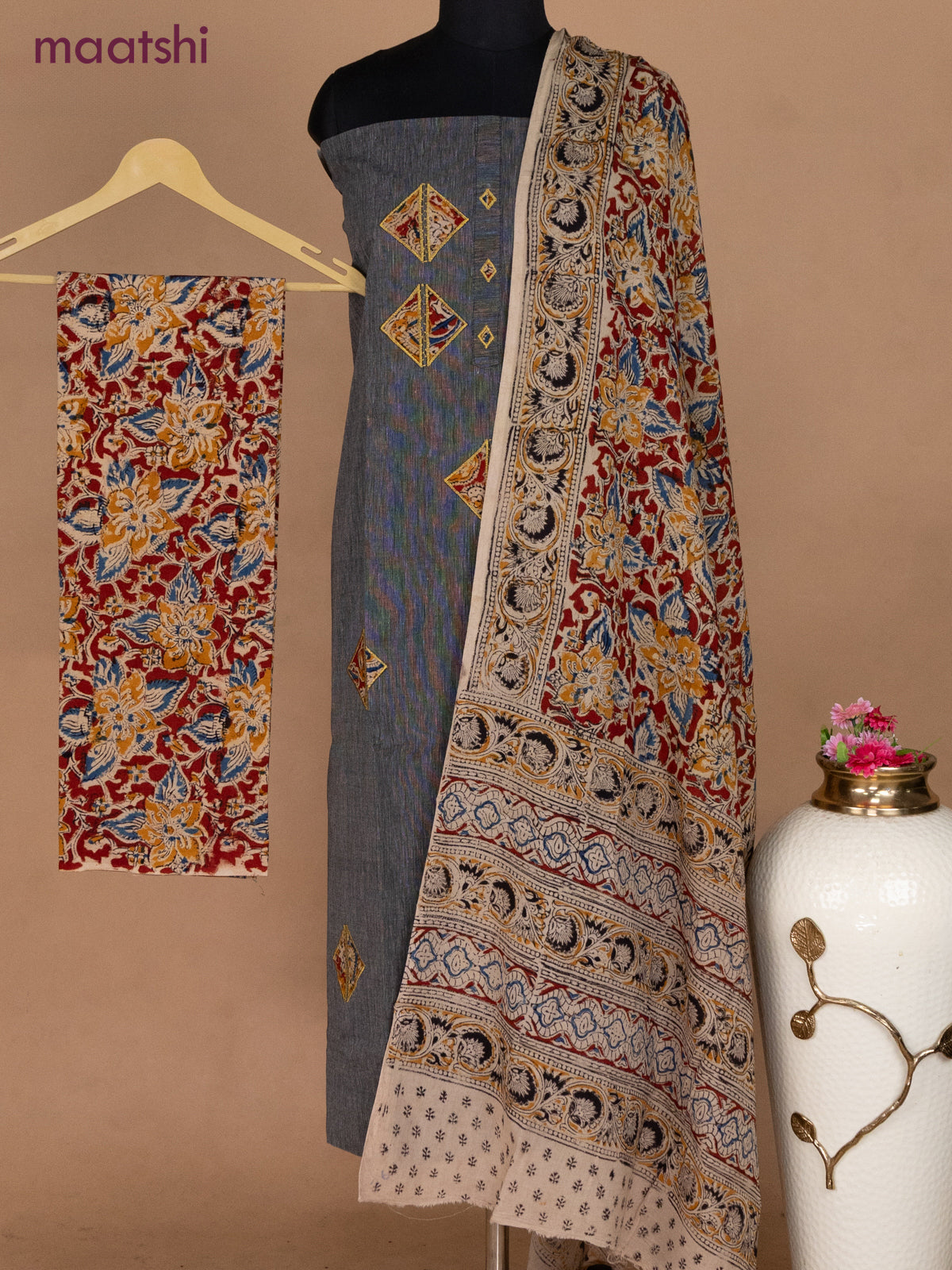 Cotton applique work dress materials dark grey and maroon beige with kalamkari patch work and kalamkari bottom & dupatta