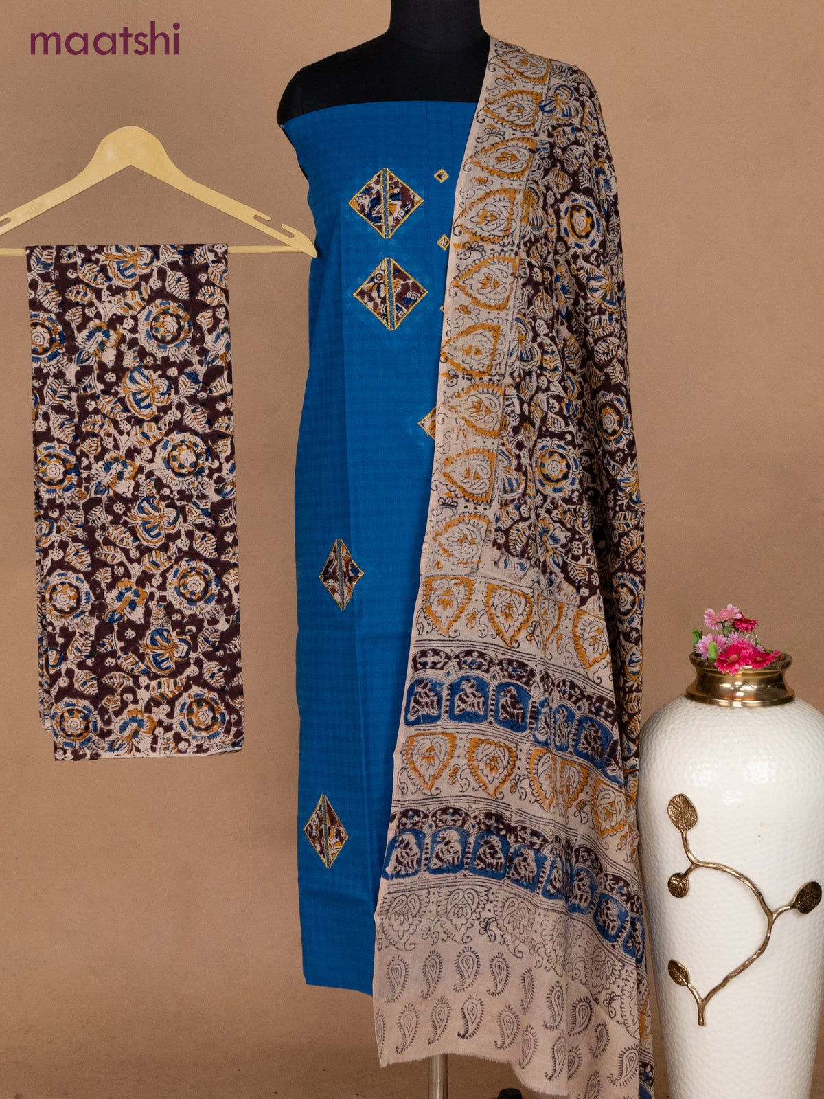Cotton applique work dress materials cs blue and coffee brown with kalamkari patch work and kalamkari bottom & dupatta