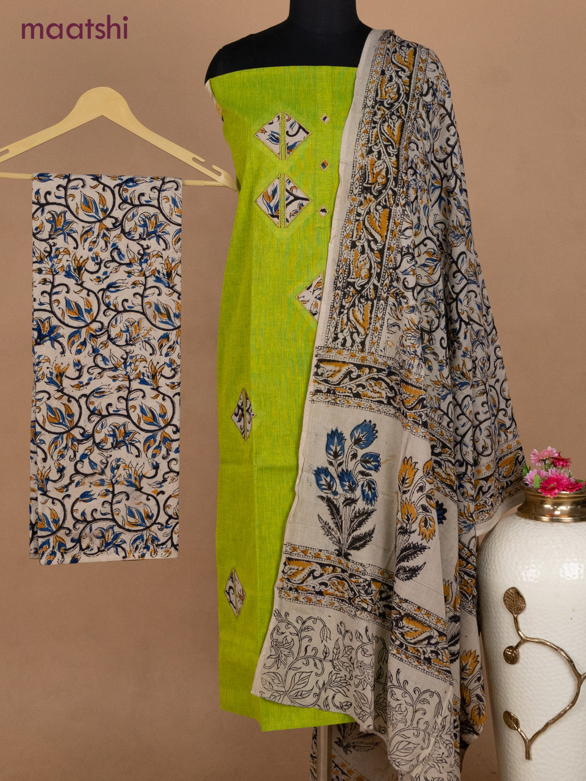 Cotton applique work dress materials light green and beige with kalamkari patch work and kalamkari bottom & dupatta
