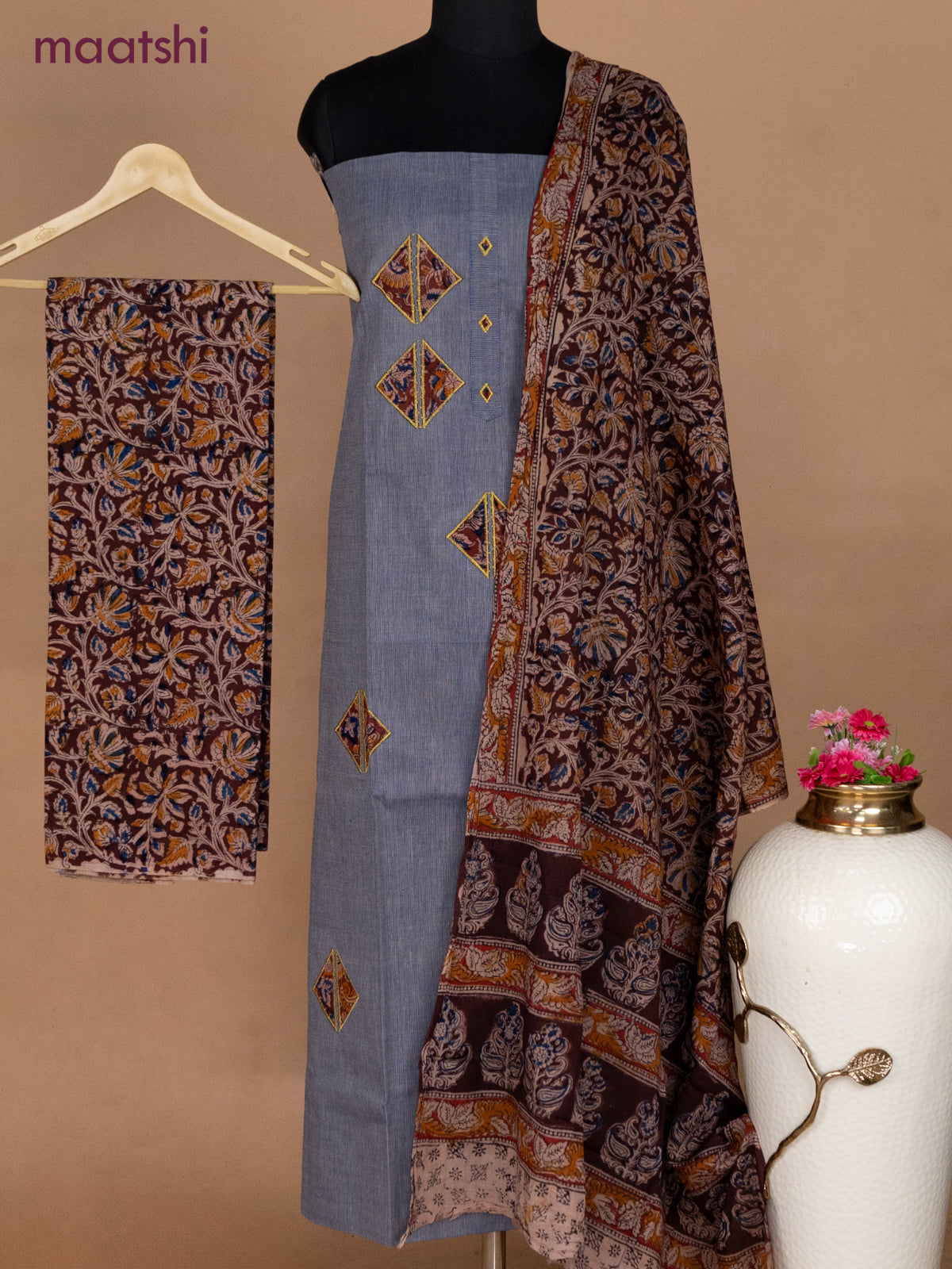 Cotton applique work dress materials bluish grey and deep maroon with kalamkari patch work and kalamkari bottom & dupatta