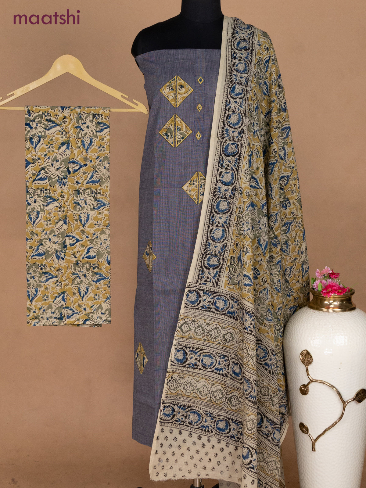 Cotton applique work dress materials dark grey and sandal beige with kalamkari patch work and kalamkari bottom & dupatta