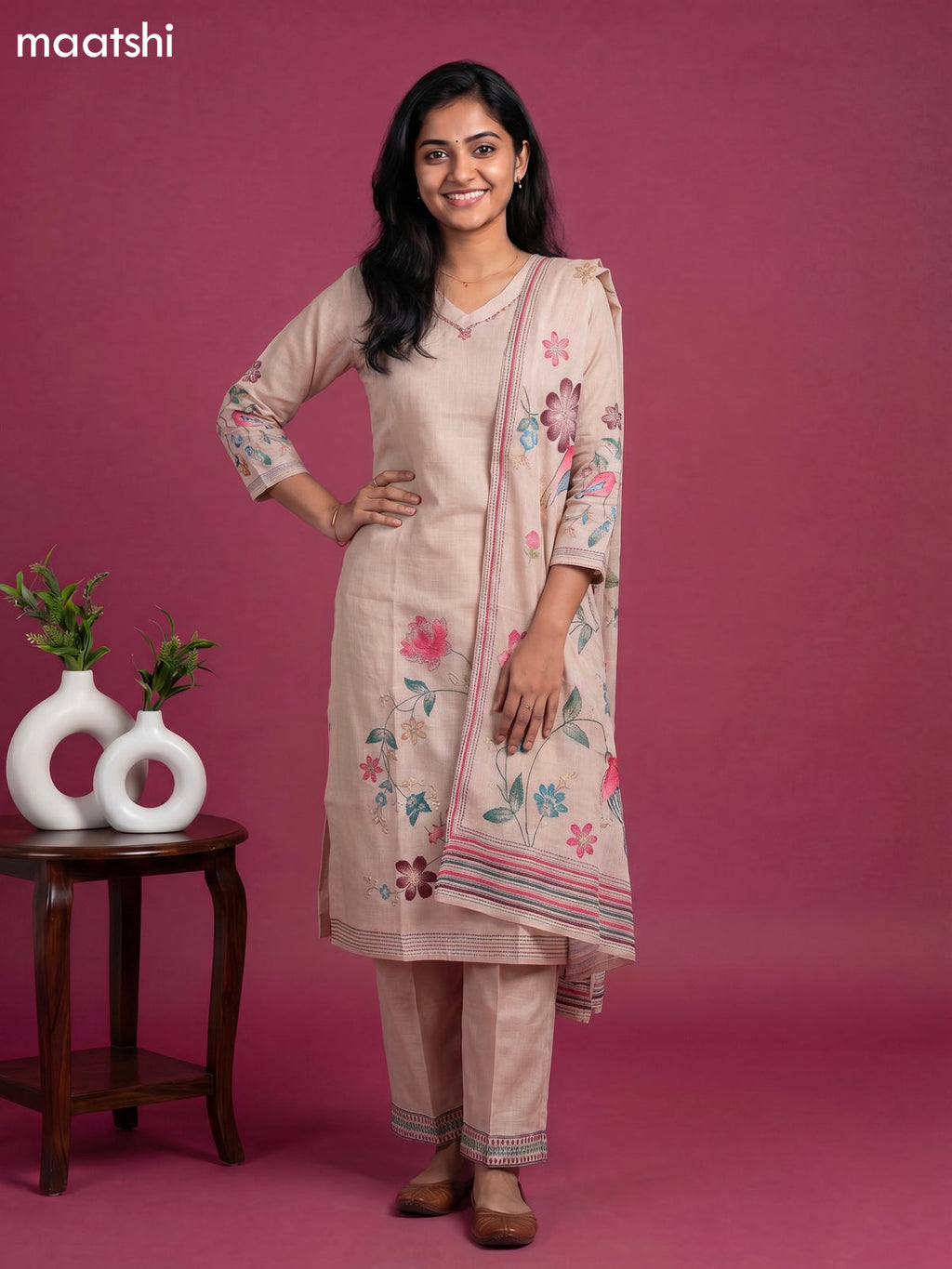 Beige Linen Cotton Floral Printed Straight Suit