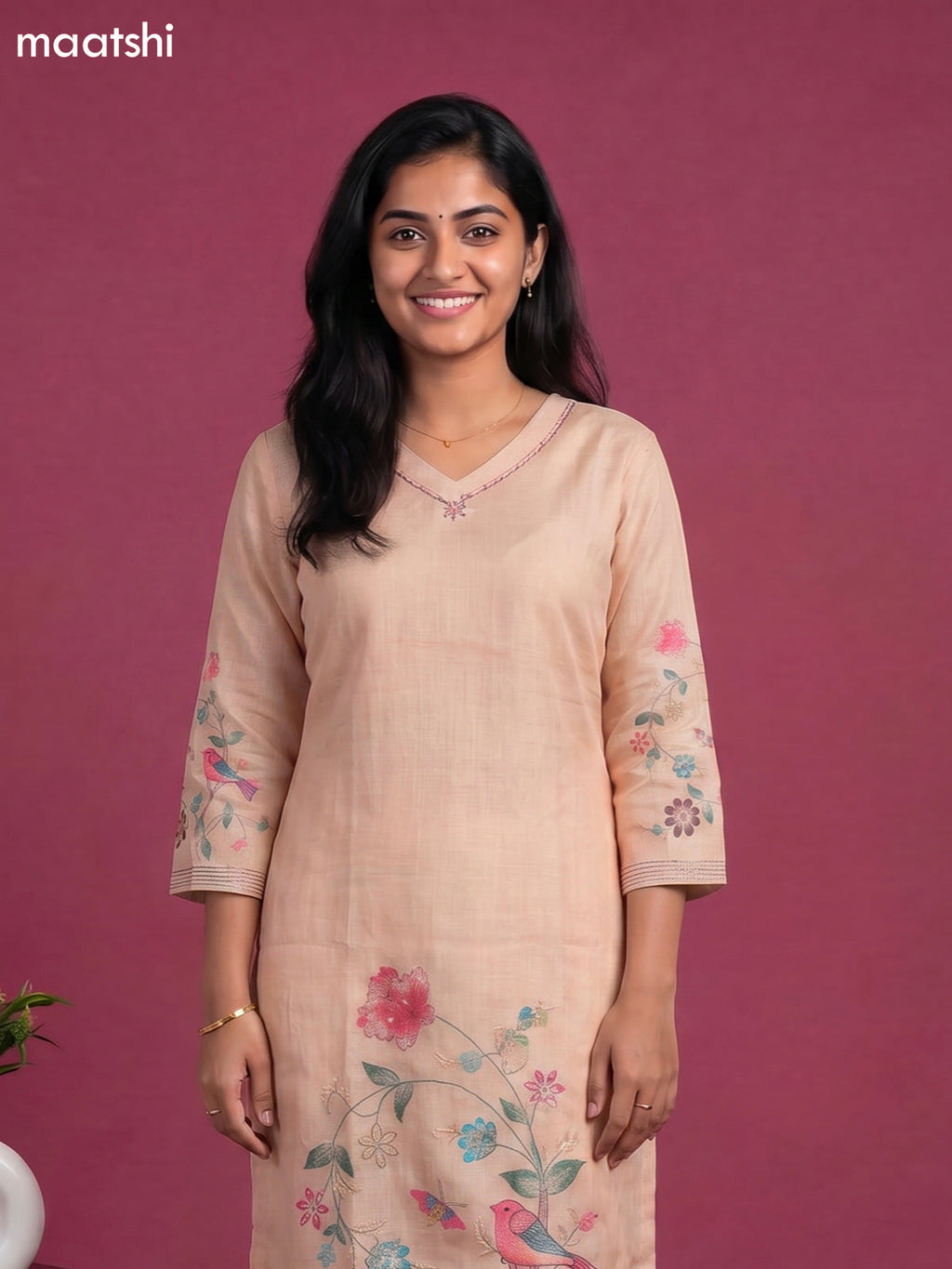Beige Linen Cotton Floral Printed Straight Suit