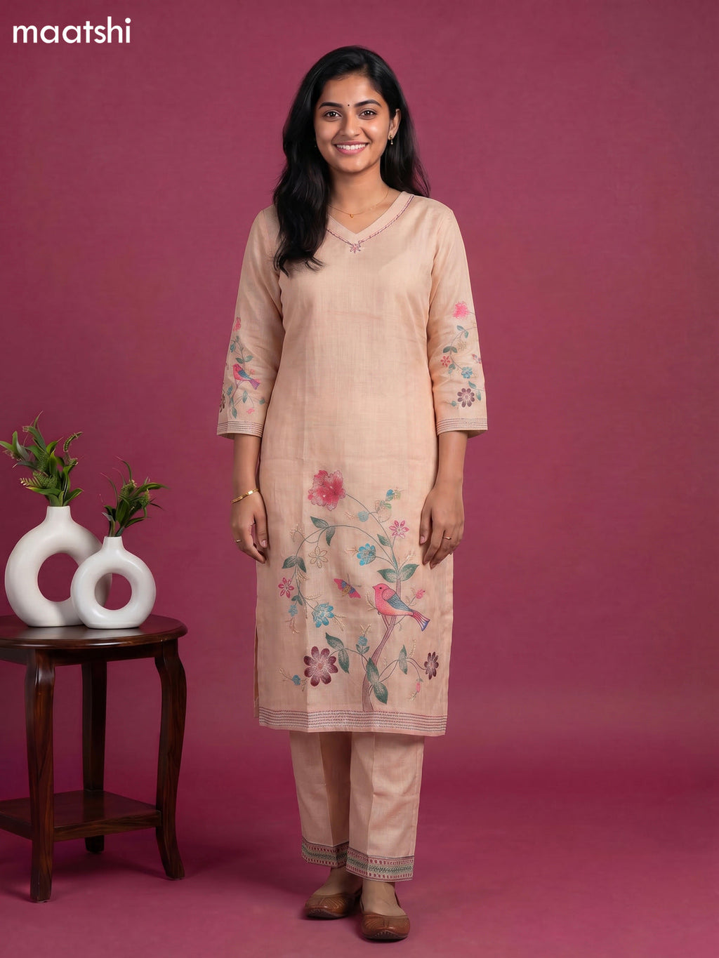 Beige Linen Cotton Floral Printed Straight Suit