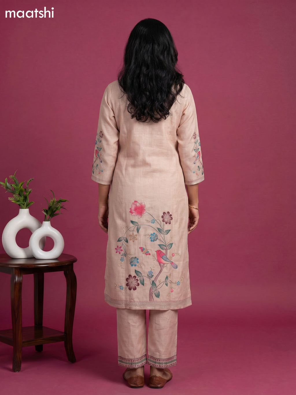 Beige Linen Cotton Floral Printed Straight Suit