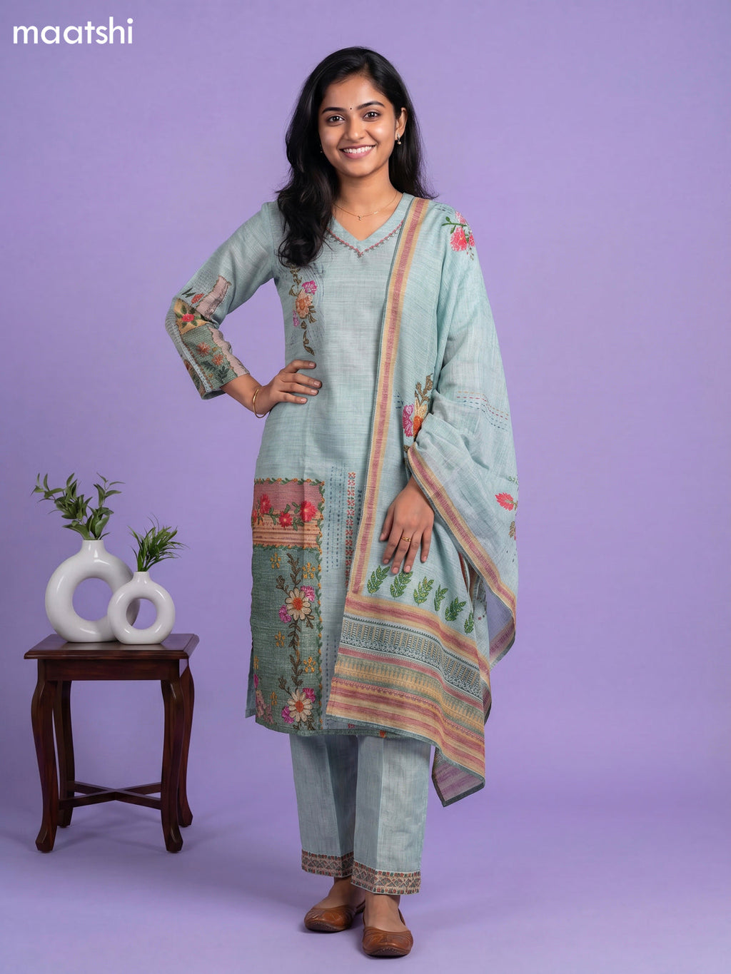 Teal Green Linen Cotton Floral Printed Straight Suit