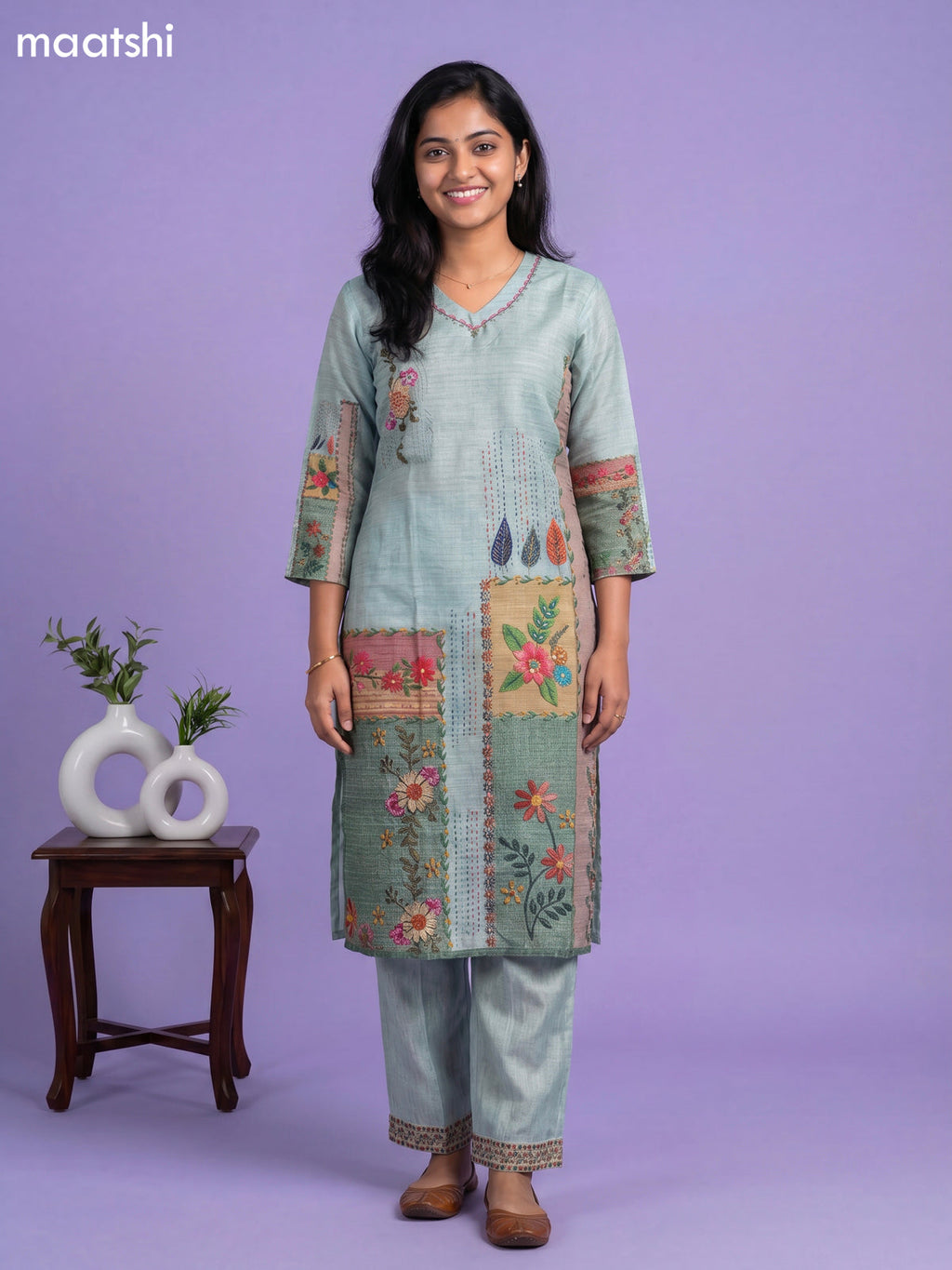 Teal Green Linen Cotton Floral Printed Straight Suit