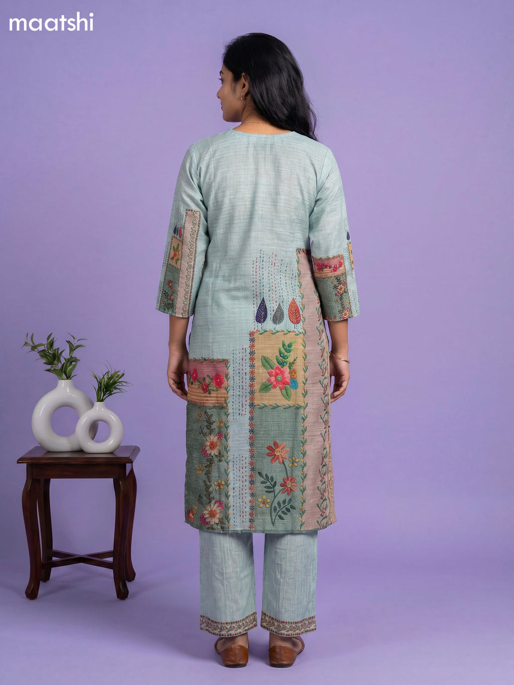 Teal Green Linen Cotton Floral Printed Straight Suit