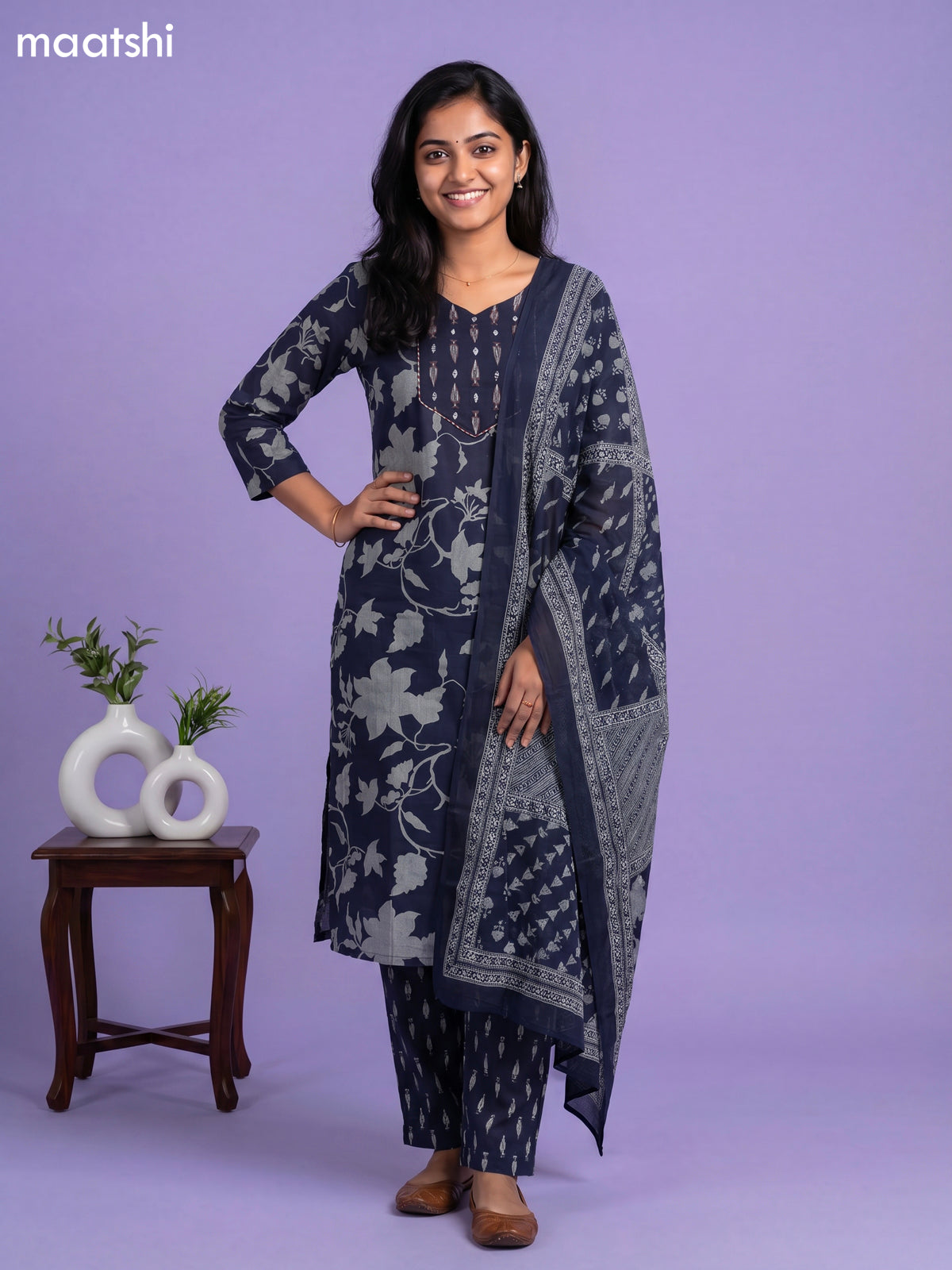 Dark Blue Cotton Printed & Embroidery Work Straight Suit