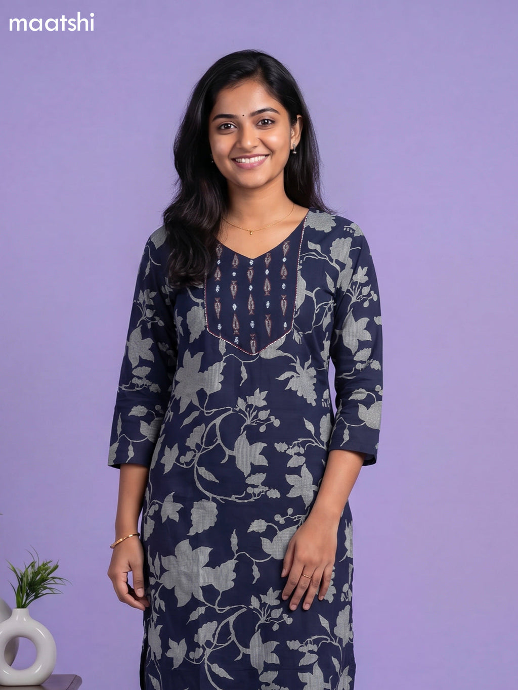 Dark Blue Cotton Printed & Embroidery Work Straight Suit