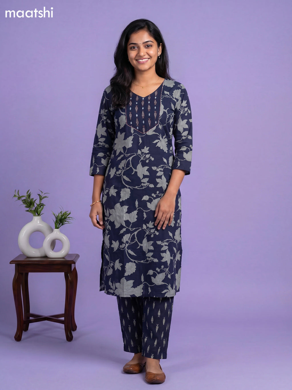 Dark Blue Cotton Printed & Embroidery Work Straight Suit