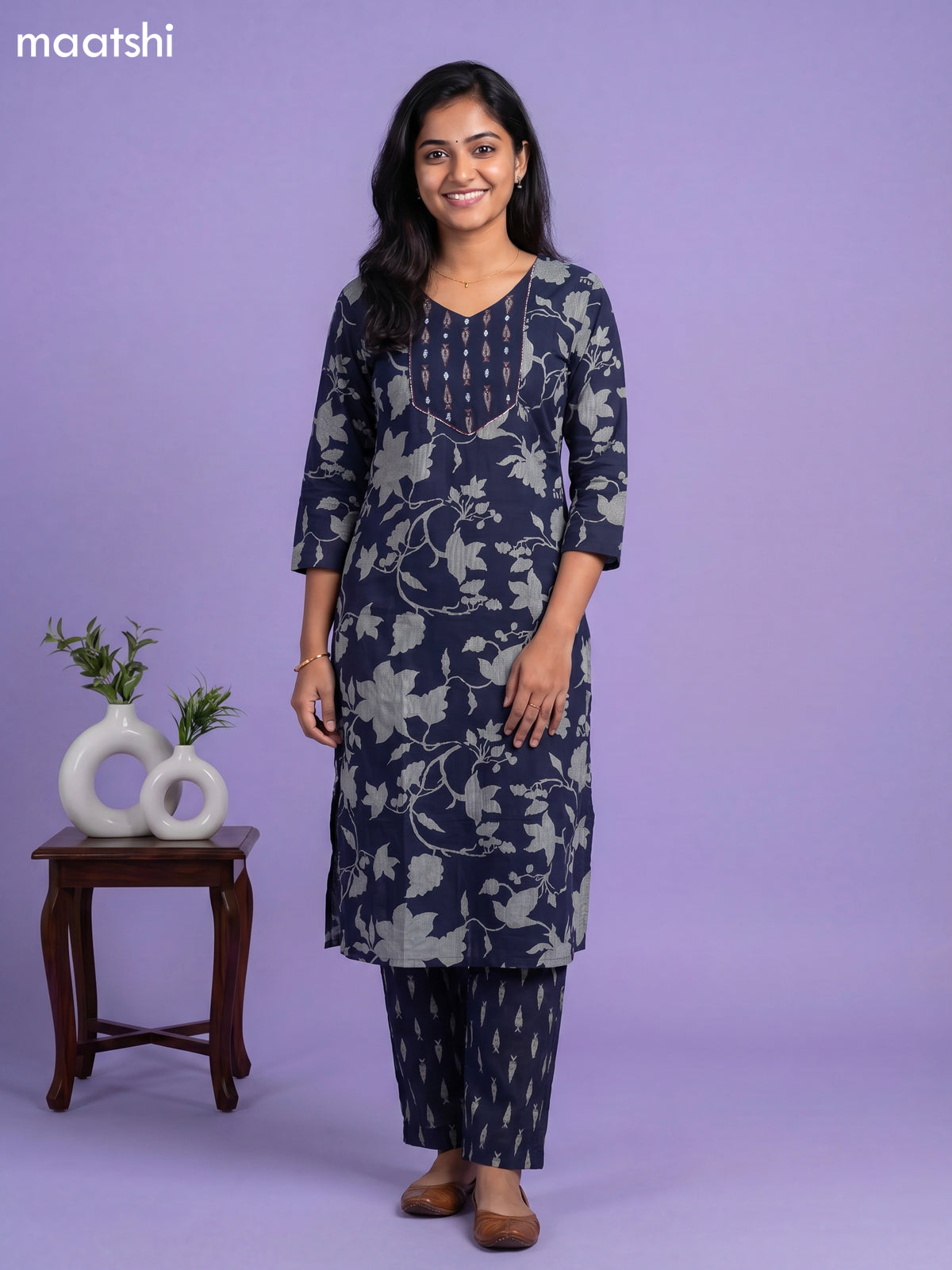 Dark Blue Cotton Printed & Embroidery Work Straight Suit