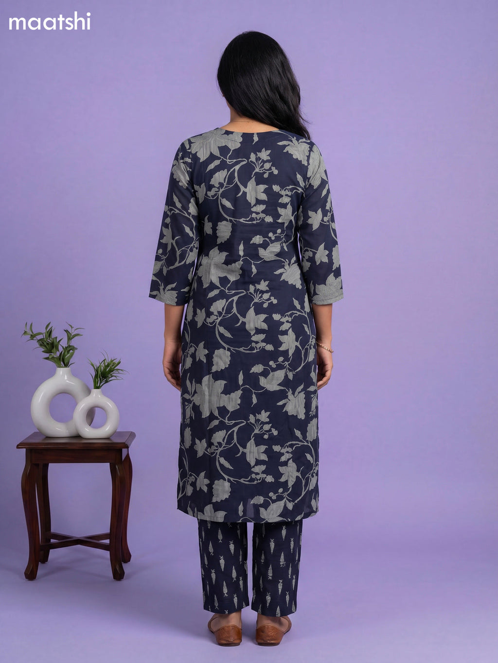 Dark Blue Cotton Printed & Embroidery Work Straight Suit