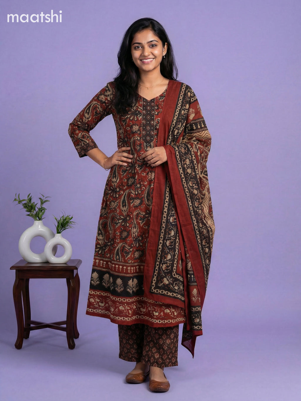 Dark Rust and Black Cotton Kalamkari Printed & Simple Embroidery Work Anarkali Suit