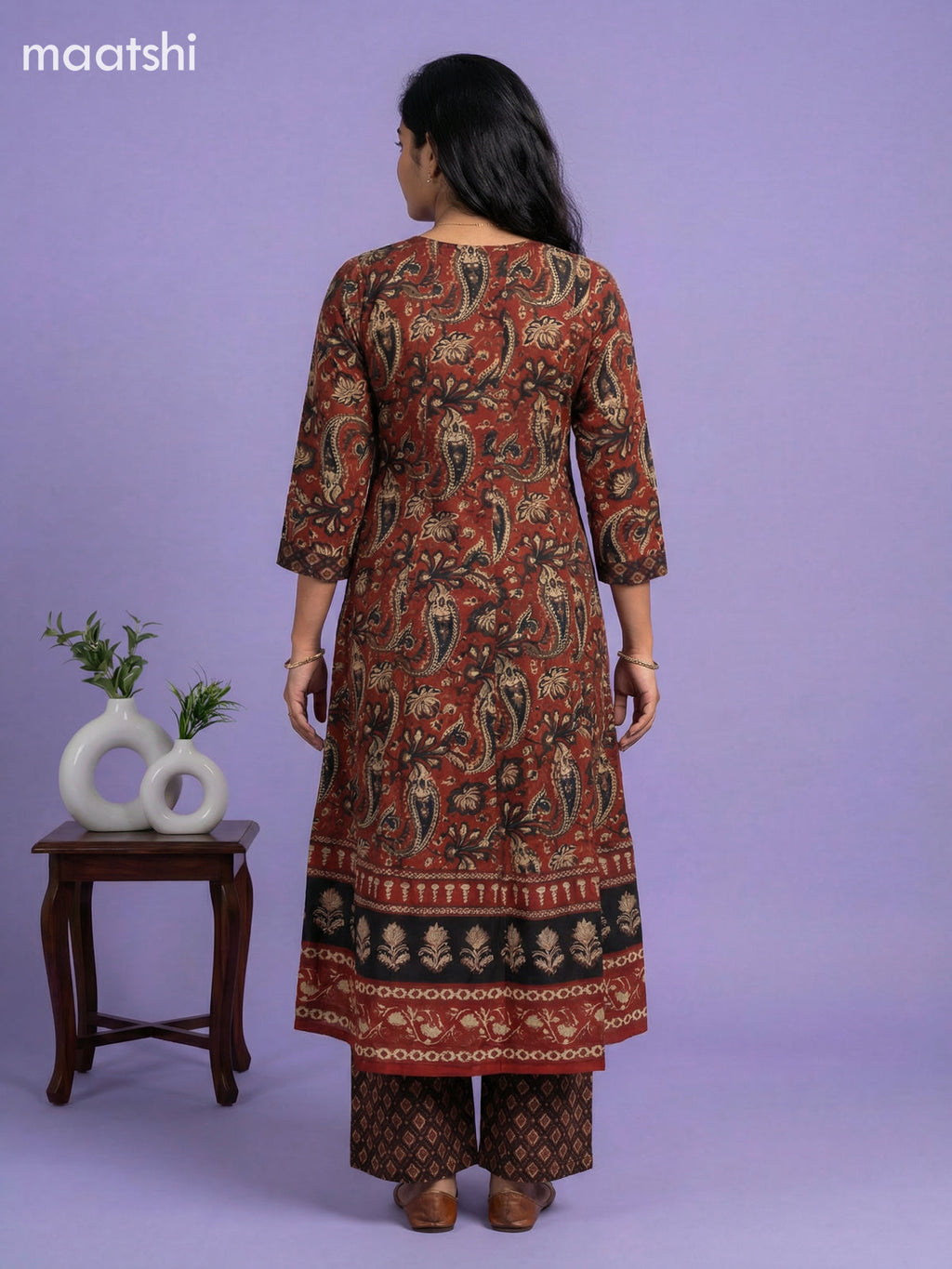 Dark Rust and Black Cotton Kalamkari Printed & Simple Embroidery Work Anarkali Suit