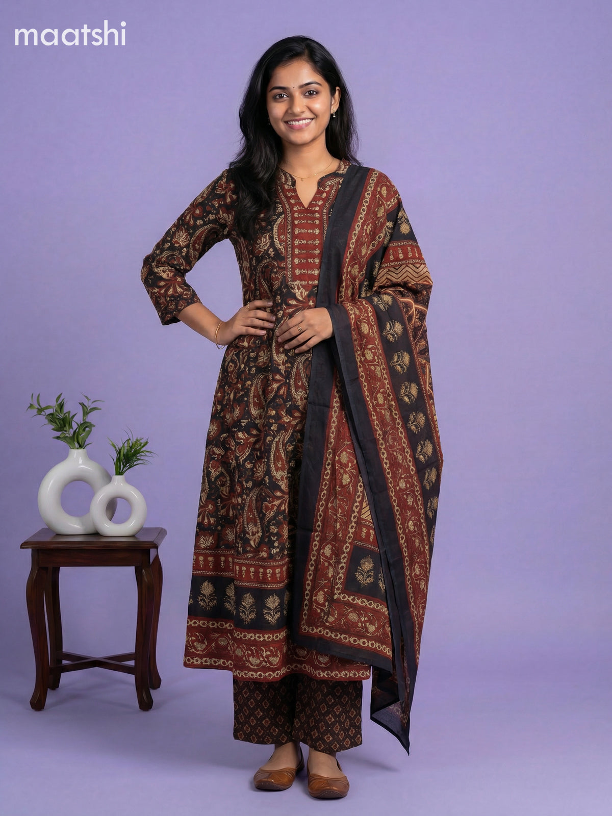 Black and Dark Rust Cotton Kalamkari Printed & Simple Embroidery Work Anarkali Suit