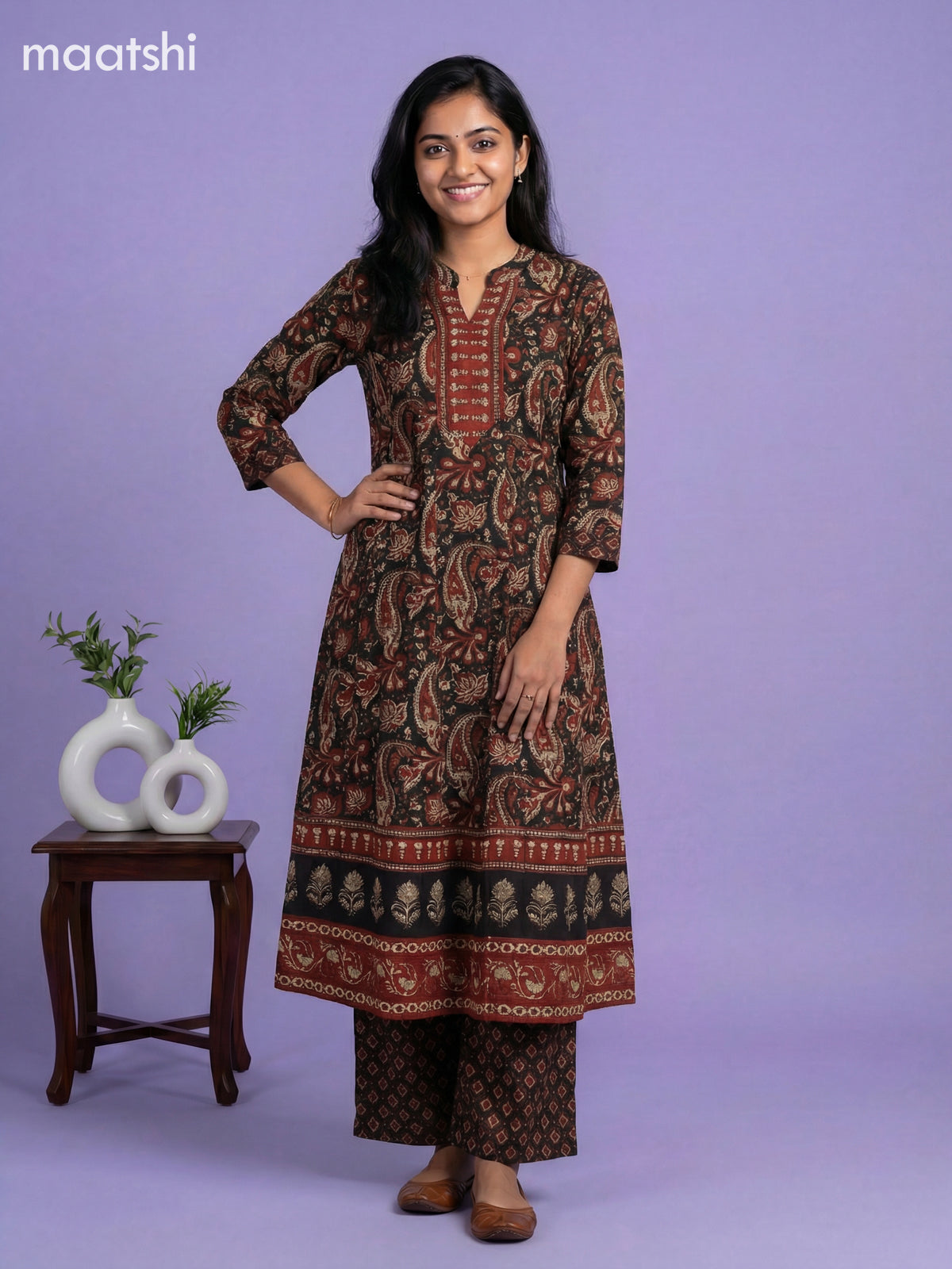 Black and Dark Rust Cotton Kalamkari Printed & Simple Embroidery Work Anarkali Suit