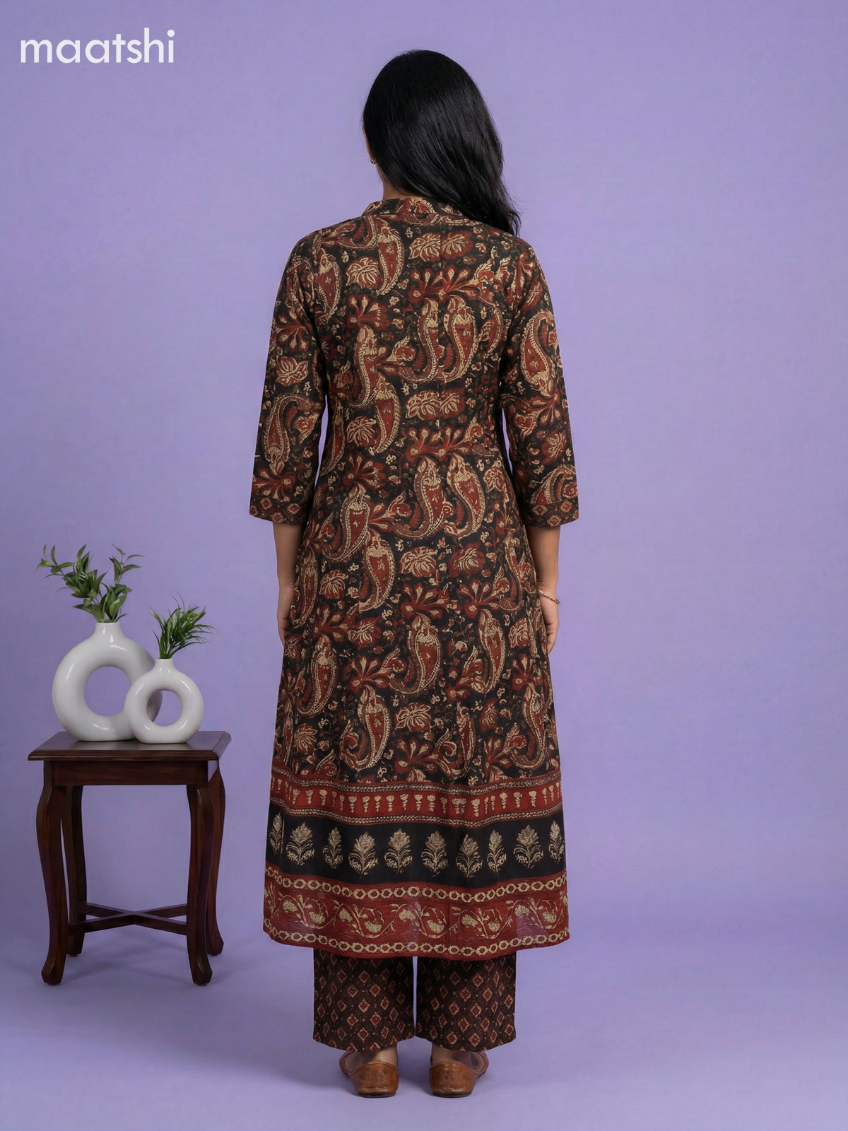 Black and Dark Rust Cotton Kalamkari Printed & Simple Embroidery Work Anarkali Suit