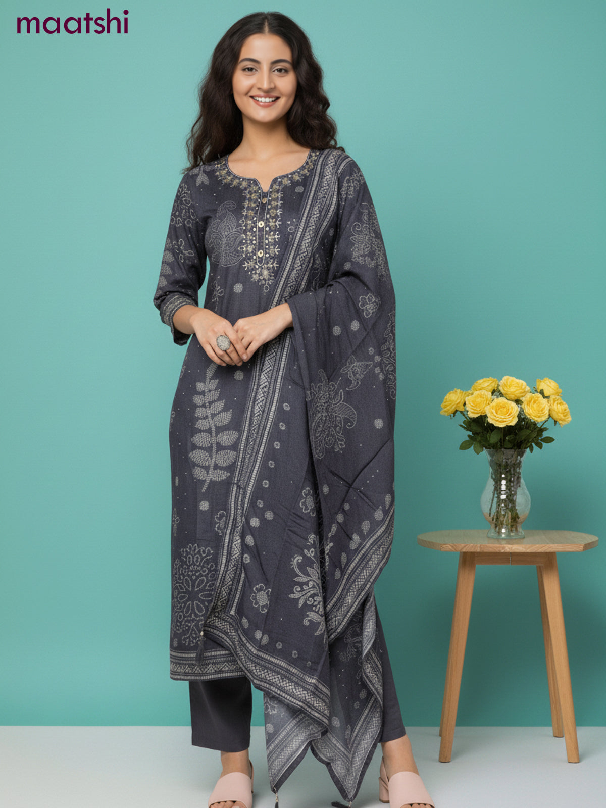 Dola silk salwar suit elephant grey with bandhini prints & sequin zardosi work neck pattern and straight cut pant & dupatta