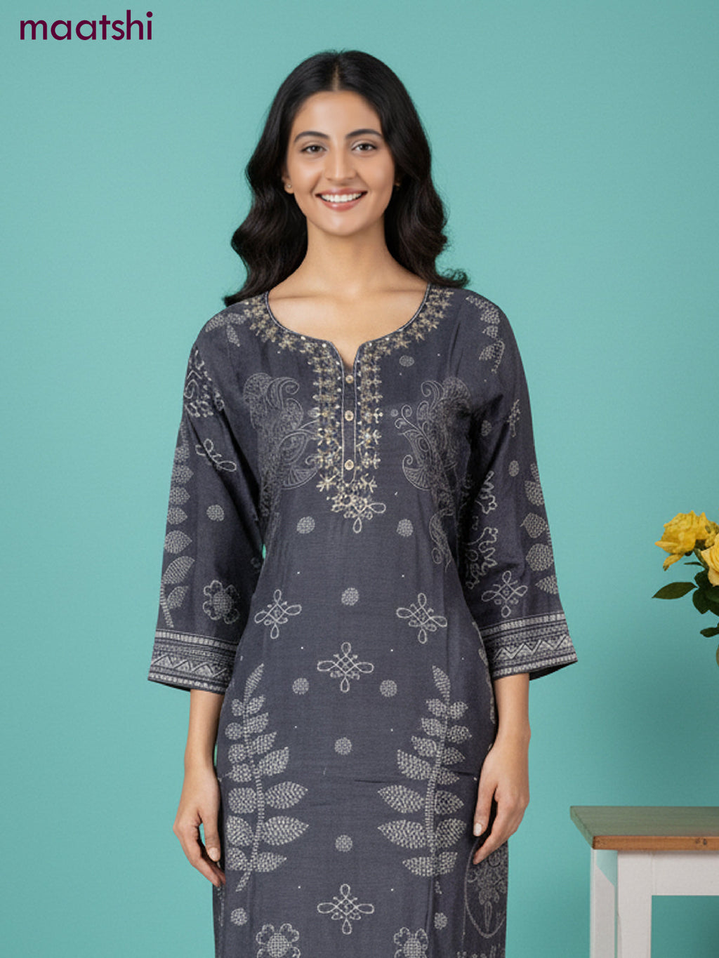 Dola silk salwar suit elephant grey with bandhini prints & sequin zardosi work neck pattern and straight cut pant & dupatta