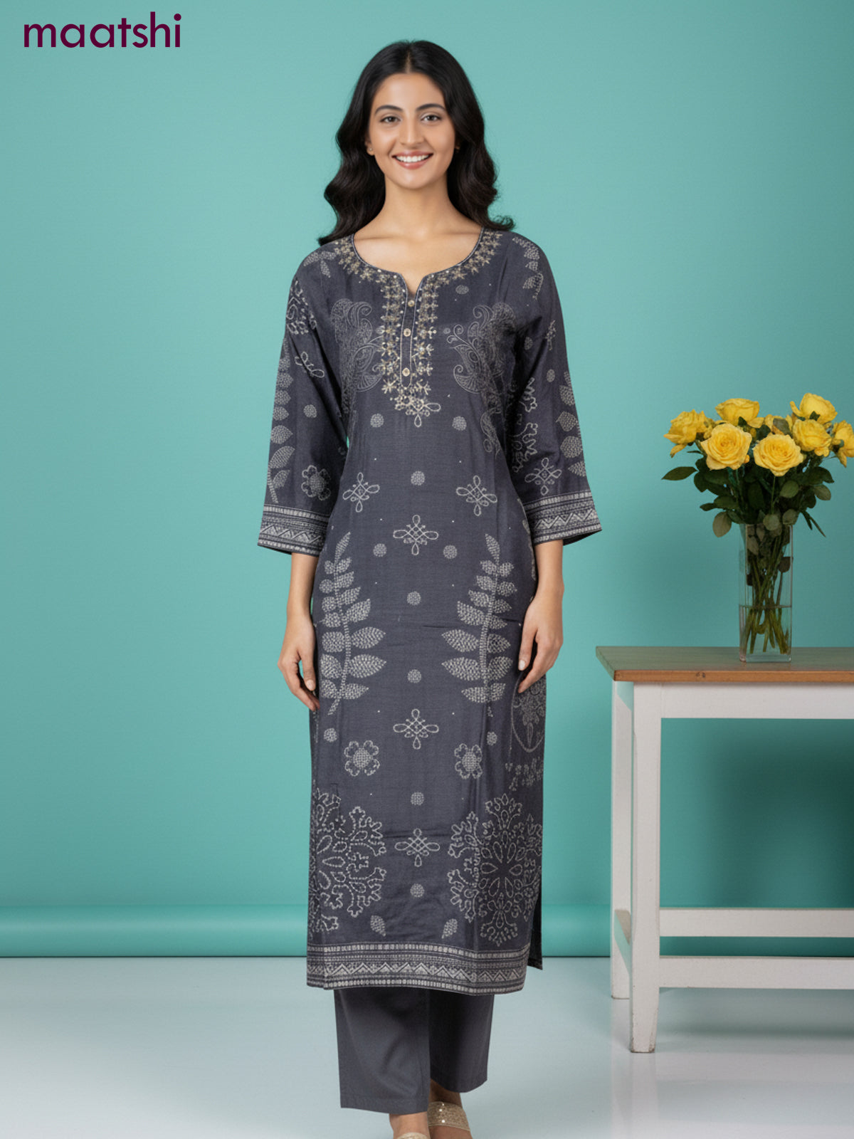 Dola silk salwar suit elephant grey with bandhini prints & sequin zardosi work neck pattern and straight cut pant & dupatta