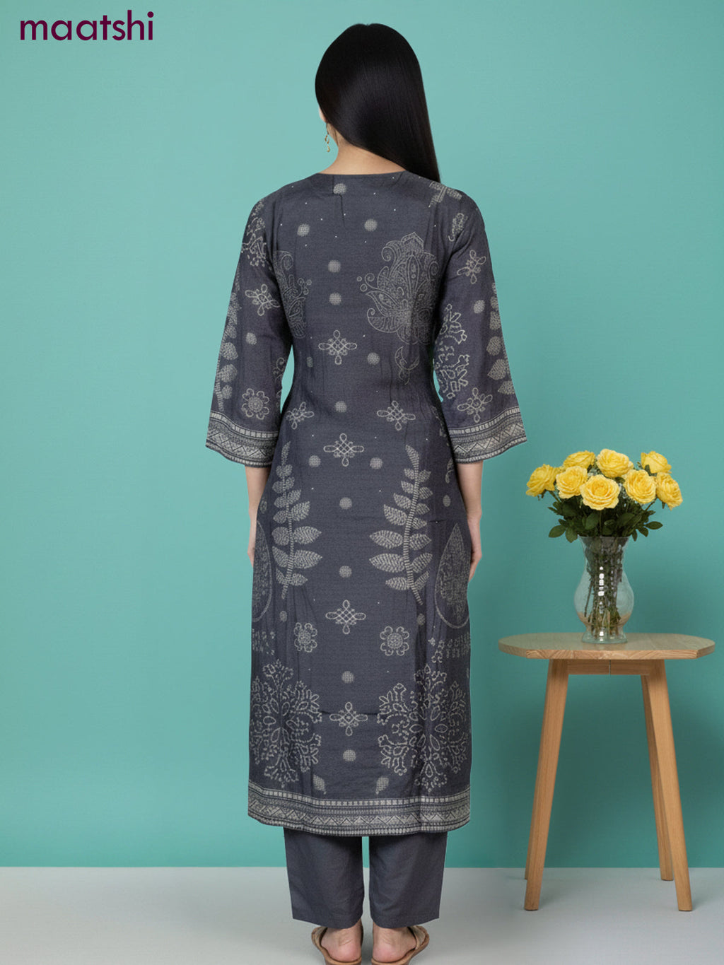 Dola silk salwar suit elephant grey with bandhini prints & sequin zardosi work neck pattern and straight cut pant & dupatta