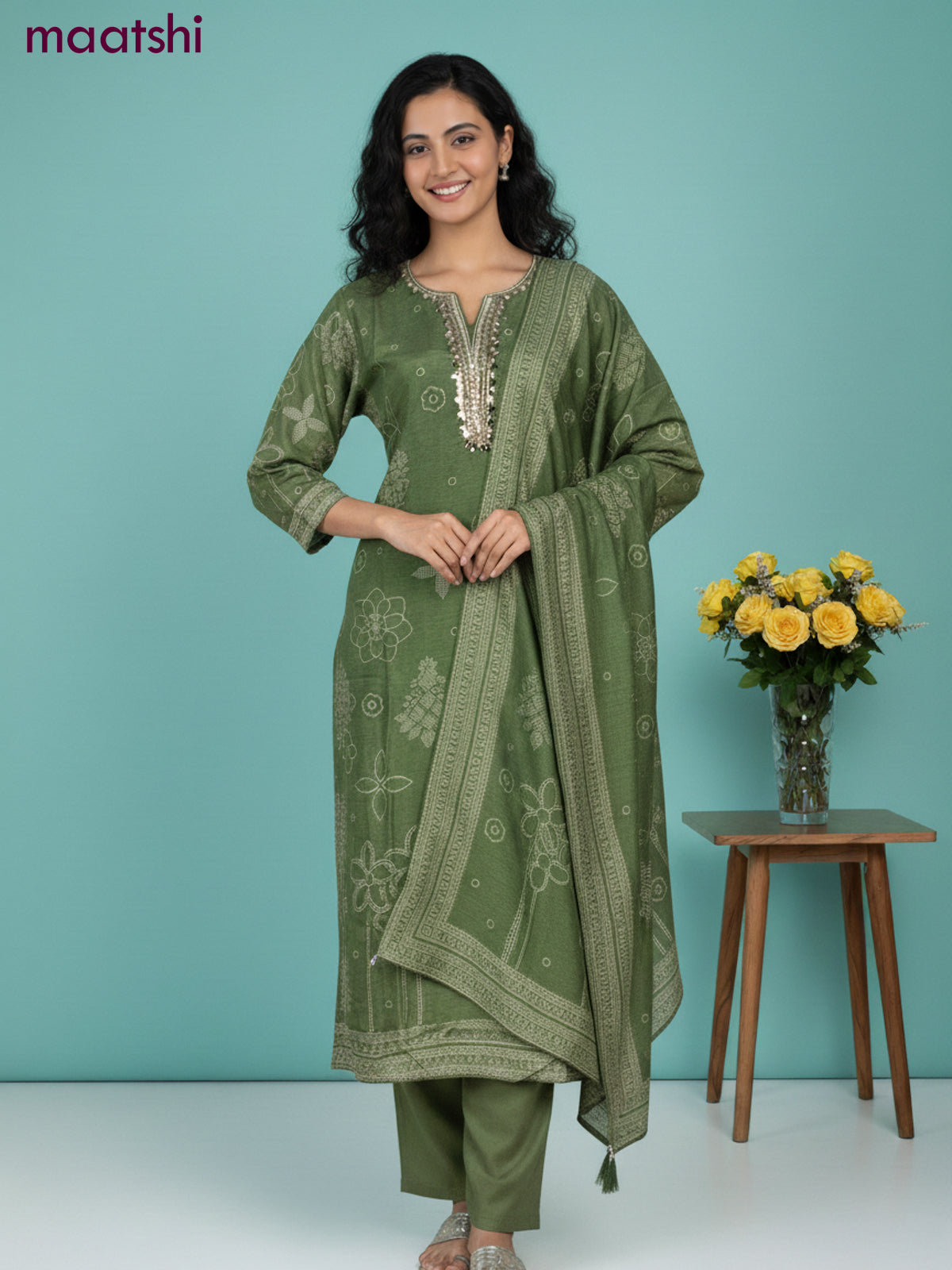 Dola silk salwar suit green with bandhini prints & beaded zardosi work neck pattern and straight cut pant & dupatta