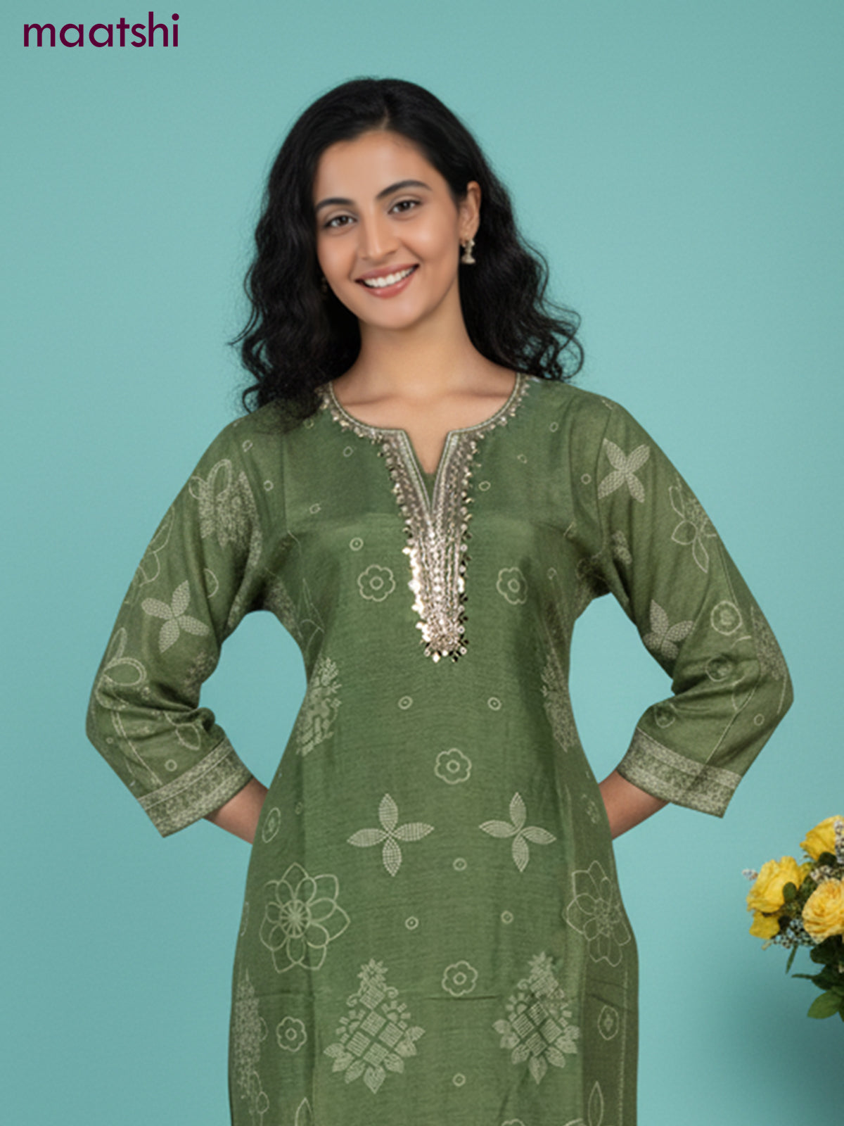 Dola silk salwar suit green with bandhini prints & beaded zardosi work neck pattern and straight cut pant & dupatta