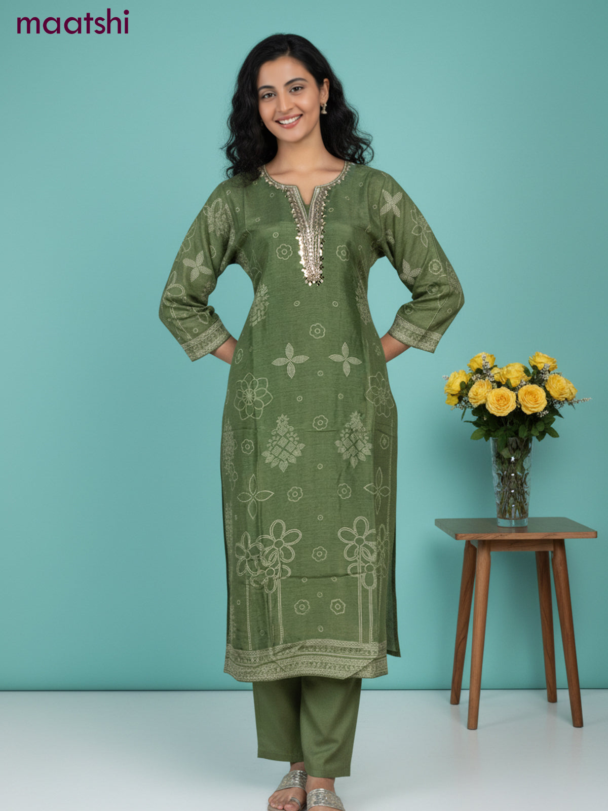 Dola silk salwar suit green with bandhini prints & beaded zardosi work neck pattern and straight cut pant & dupatta