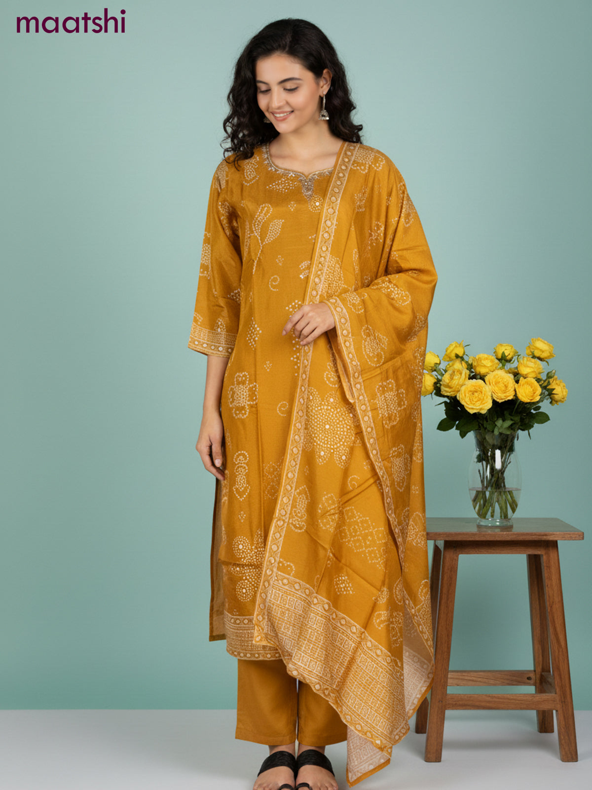 Dola silk salwar suit mustard yellow with bandhini prints & beaded zardosi work neck pattern and straight cut pant & dupatta