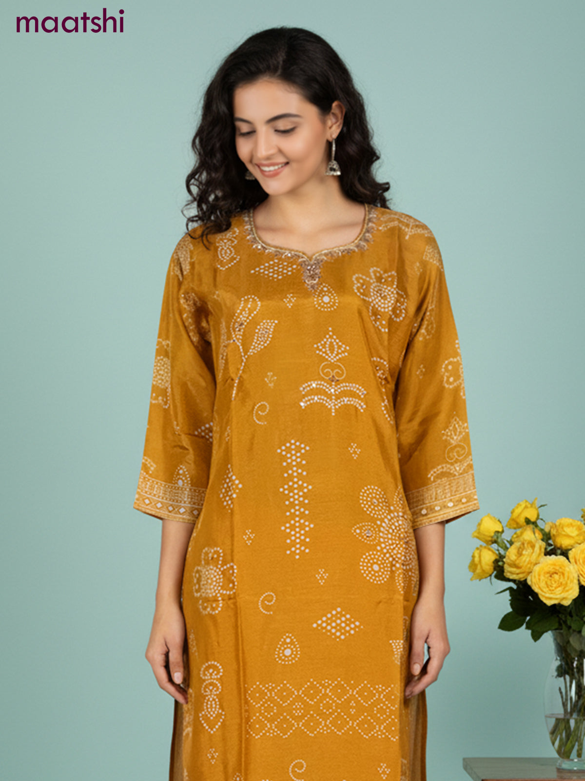 Dola silk salwar suit mustard yellow with bandhini prints & beaded zardosi work neck pattern and straight cut pant & dupatta