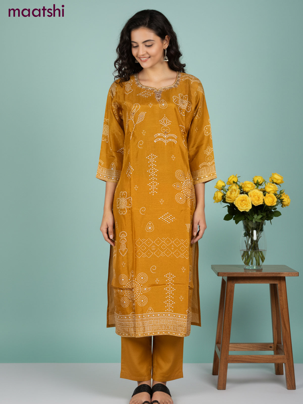 Dola silk salwar suit mustard yellow with bandhini prints & beaded zardosi work neck pattern and straight cut pant & dupatta