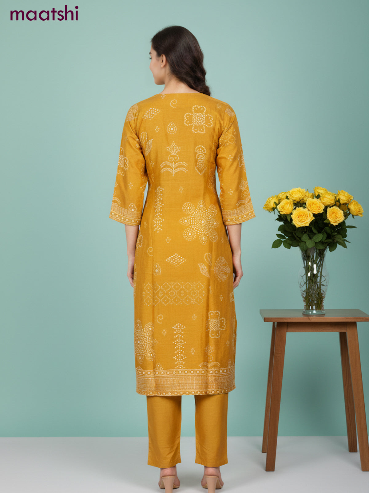 Dola silk salwar suit mustard yellow with bandhini prints & beaded zardosi work neck pattern and straight cut pant & dupatta