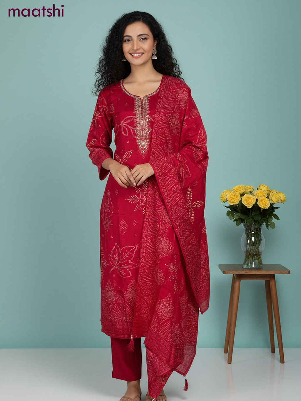 Dola silk salwar suit pink with bandhini prints & beaded zardosi work neck pattern and straight cut pant & dupatta