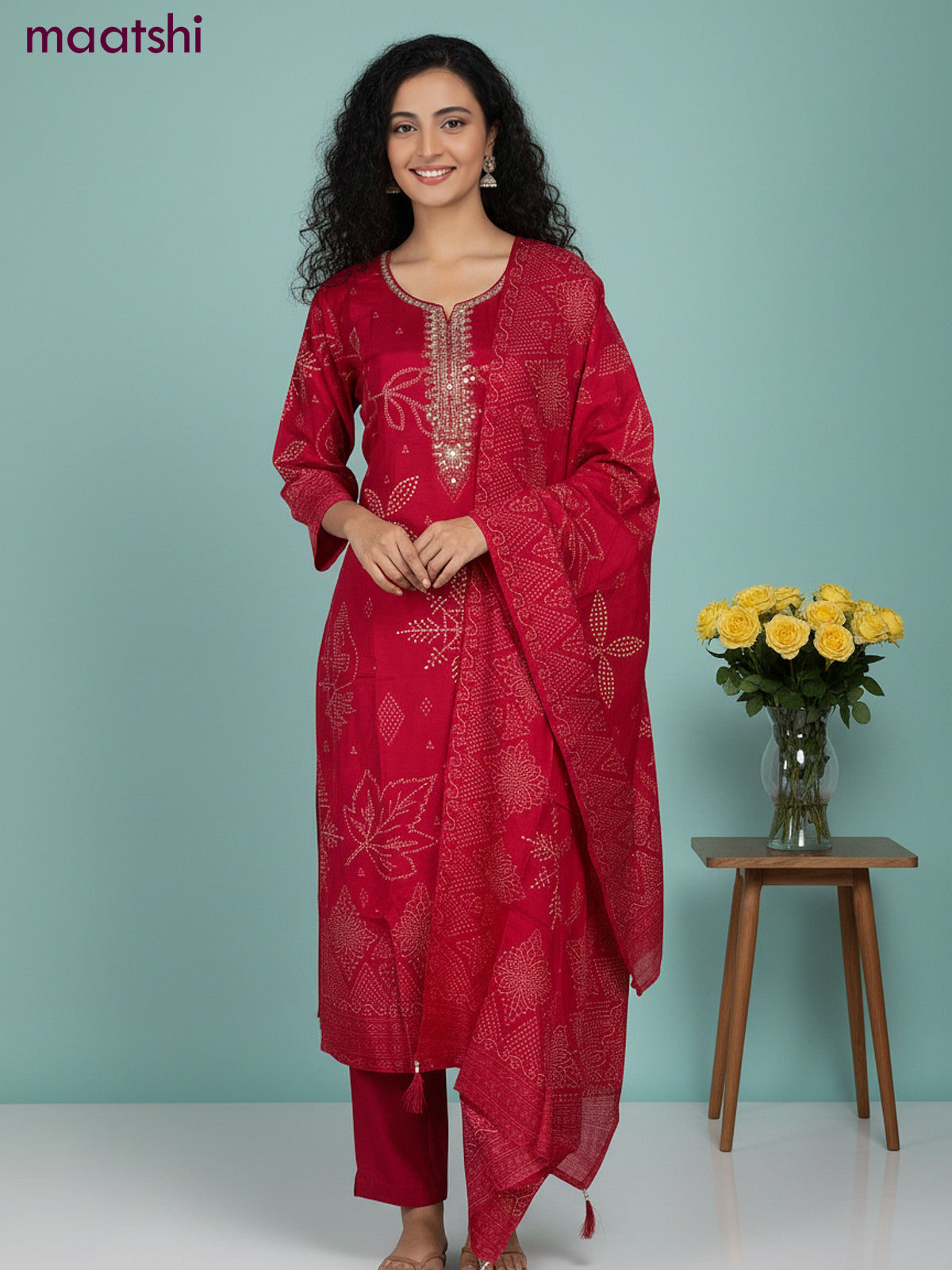 Dola silk salwar suit pink with bandhini prints & beaded zardosi work neck pattern and straight cut pant & dupatta