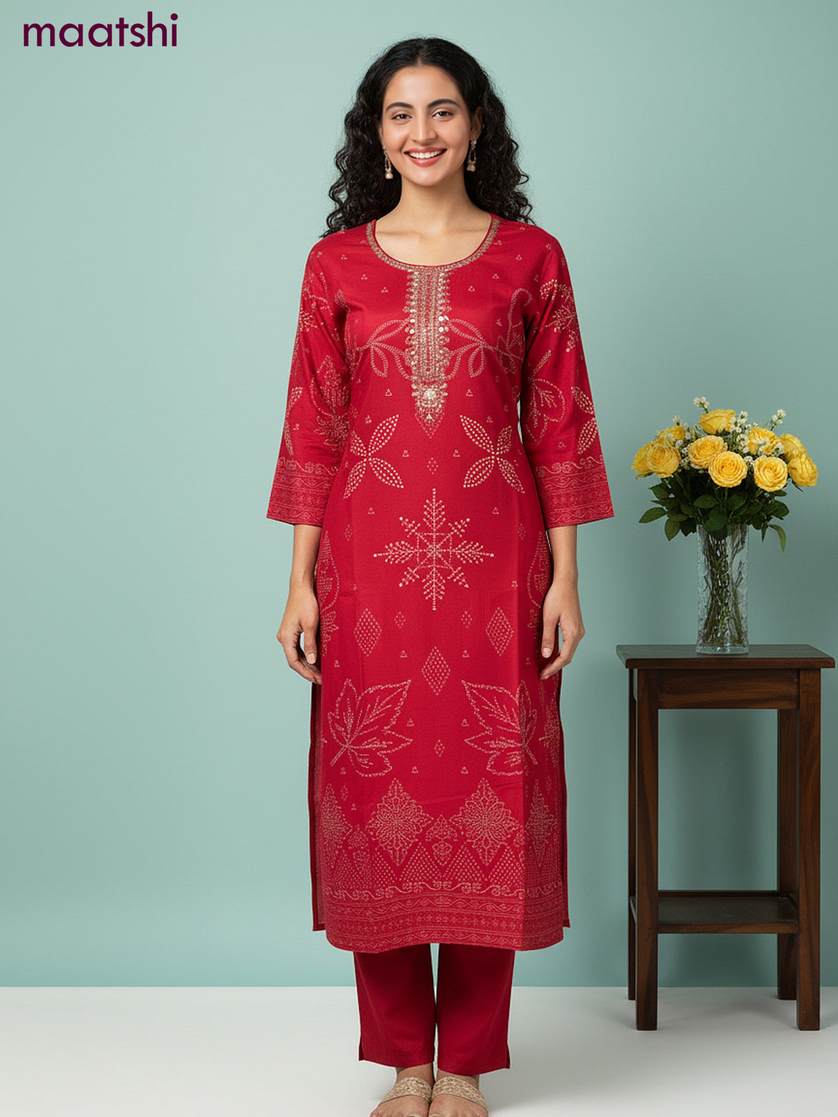 Dola silk salwar suit pink with bandhini prints & beaded zardosi work neck pattern and straight cut pant & dupatta