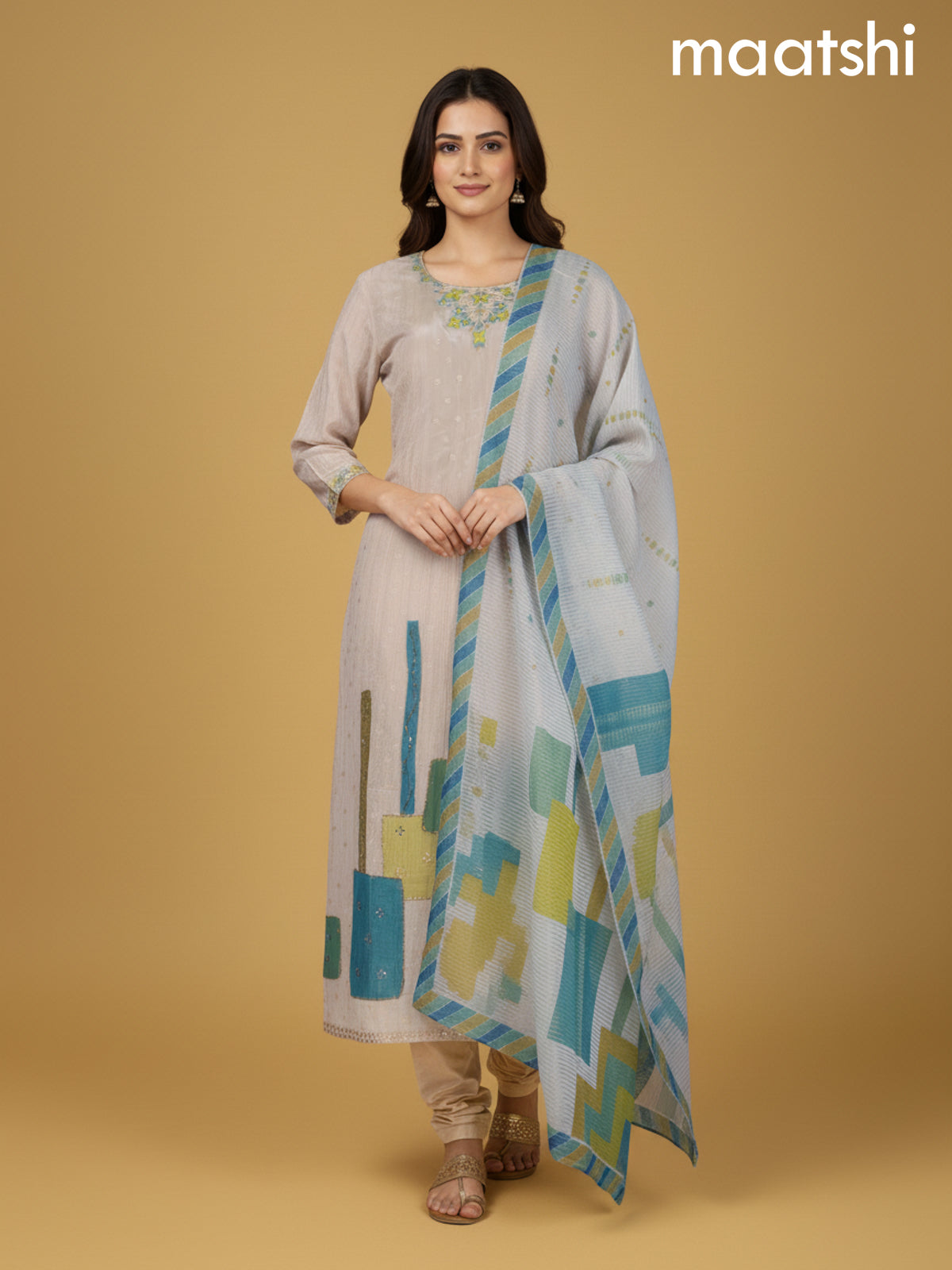 Cream and Teal Shade Crush Tissue Beaded Work Anarkali Suit