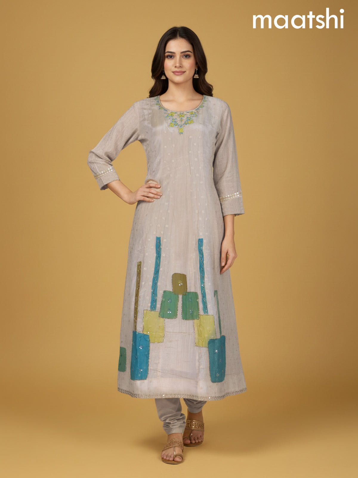 Cream and Teal Shade Crush Tissue Beaded Work Anarkali Suit
