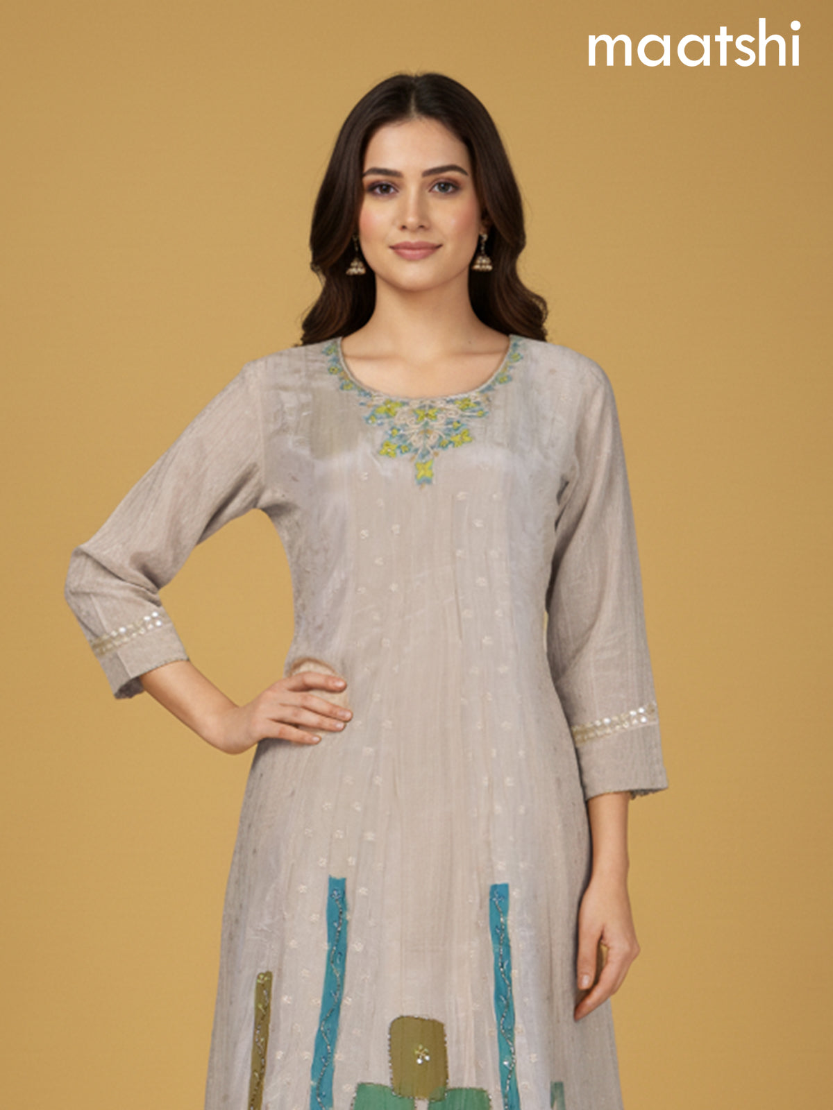 Cream and Teal Shade Crush Tissue Beaded Work Anarkali Suit