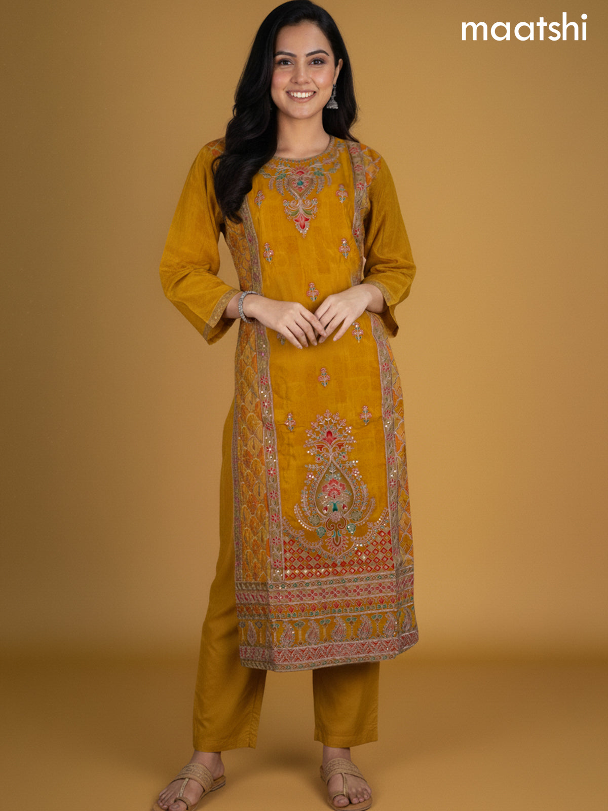 Mustard Yellow Crepe Silk Printed Straight Suit