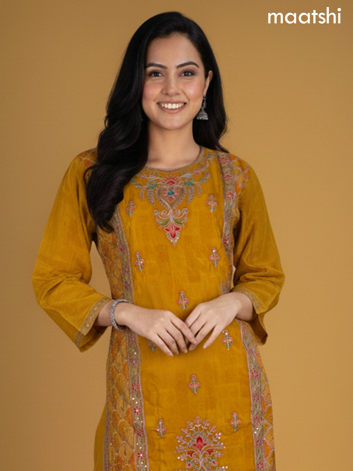 Mustard Yellow Crepe Silk Printed Straight Suit